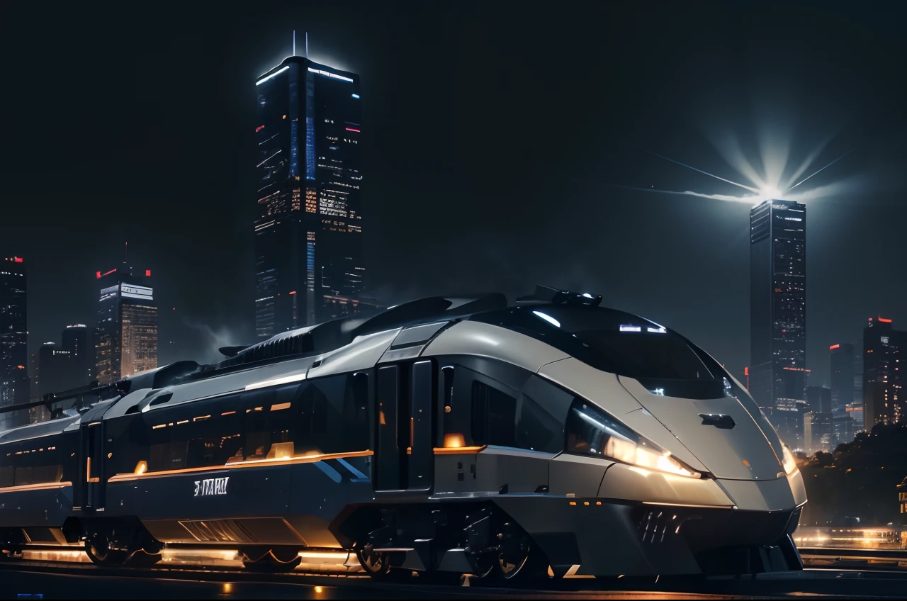 Speed line effect:1.5, Super tank,locomotive,Capture the future network era of high-speed rail,Train,The train of the future,orbiting,Extraordinary and highly detailed railroad track artwork。The bullet train has a stylish and futuristic design,Mecha windmill,super mecha,Ultra-complex armor,Metal finish,Displays complex lines,And decorated with vibrant neon lights。The wheels emit attractive blue electric lights,Added dynamic energy of the scene:1.5。The train seems to speed through the cityscape at night:1.5,Buildings and skyscrapers are illuminated by dazzling lights。This high-definition masterpiece is reminiscent of Sid Mead,The best works of art by visionary artists like Daniel Simon and Scott Robertson,(((best qualtiy))),(((ultra - detailed))),(((tmasterpiece))),Wallpapers