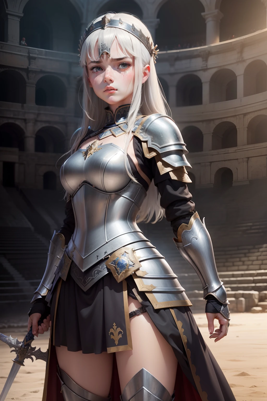 Girl in armor of the ancient Roman Empire、Tired and distressed face、smudged face、3CG Animation、Sword in both hands、standing in an arena、