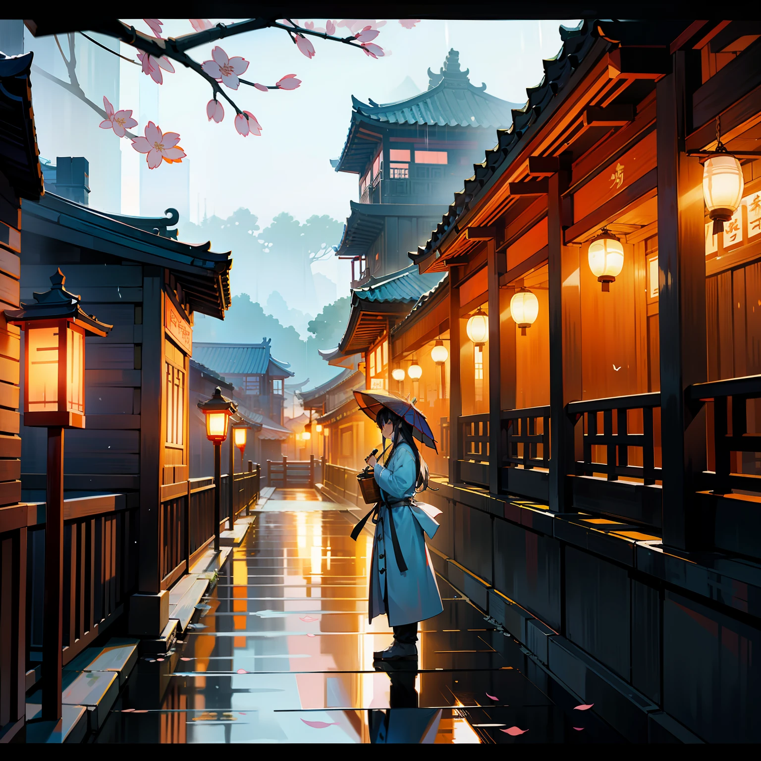 Spring rain，springtime，the night，alleys，Bluestone Lane，A poet looks at the view by the window，Scenery of Jiangnan in China，There are people selling apricot blossoms in the alley，apricot，Chinese-style architecture，Wooden construction，Ancient Chinese style，Tang dynasty architecture，High picture quality，Faraway view，chinese paintings，a sense of atmosphere，Hyper-realistic，Conforms to perspective