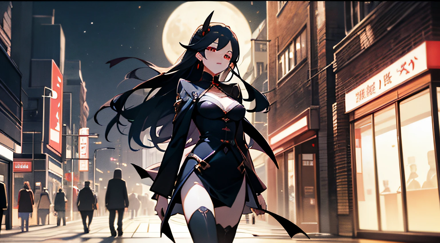 Vampire Woman、In the moonlight、Graceful walking along a busy urban boulevard。Men are fascinated by her presence。