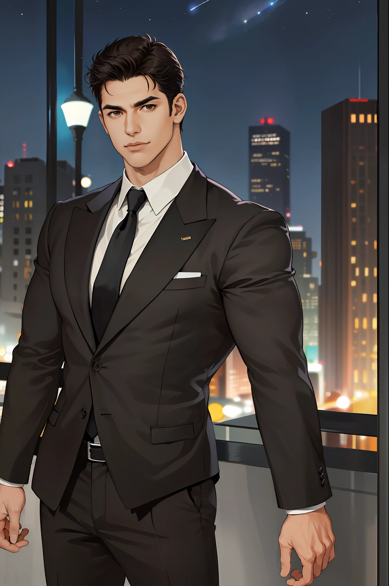 (absurdres, highres, ultra detailed, realistic, ), 1 male, solo, adult, mature, tall muscular guy, broad shoulders, handsome, very short hair, black hair, brown eyes, angular jaw, thick neck, thick eyebrows, night, dark, the night view of the city background, formal suit, necktie, upper body