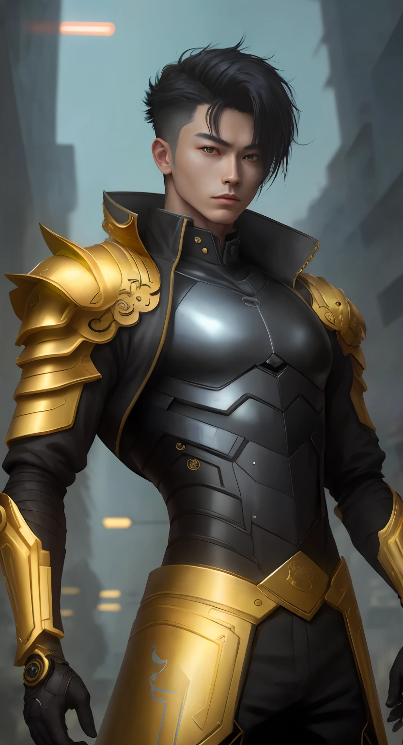 of a guy, Cool look, cyber punk perssonage, Magnificent, Funny boy, Bright gold ruyi bright light armor，Chicken chicken