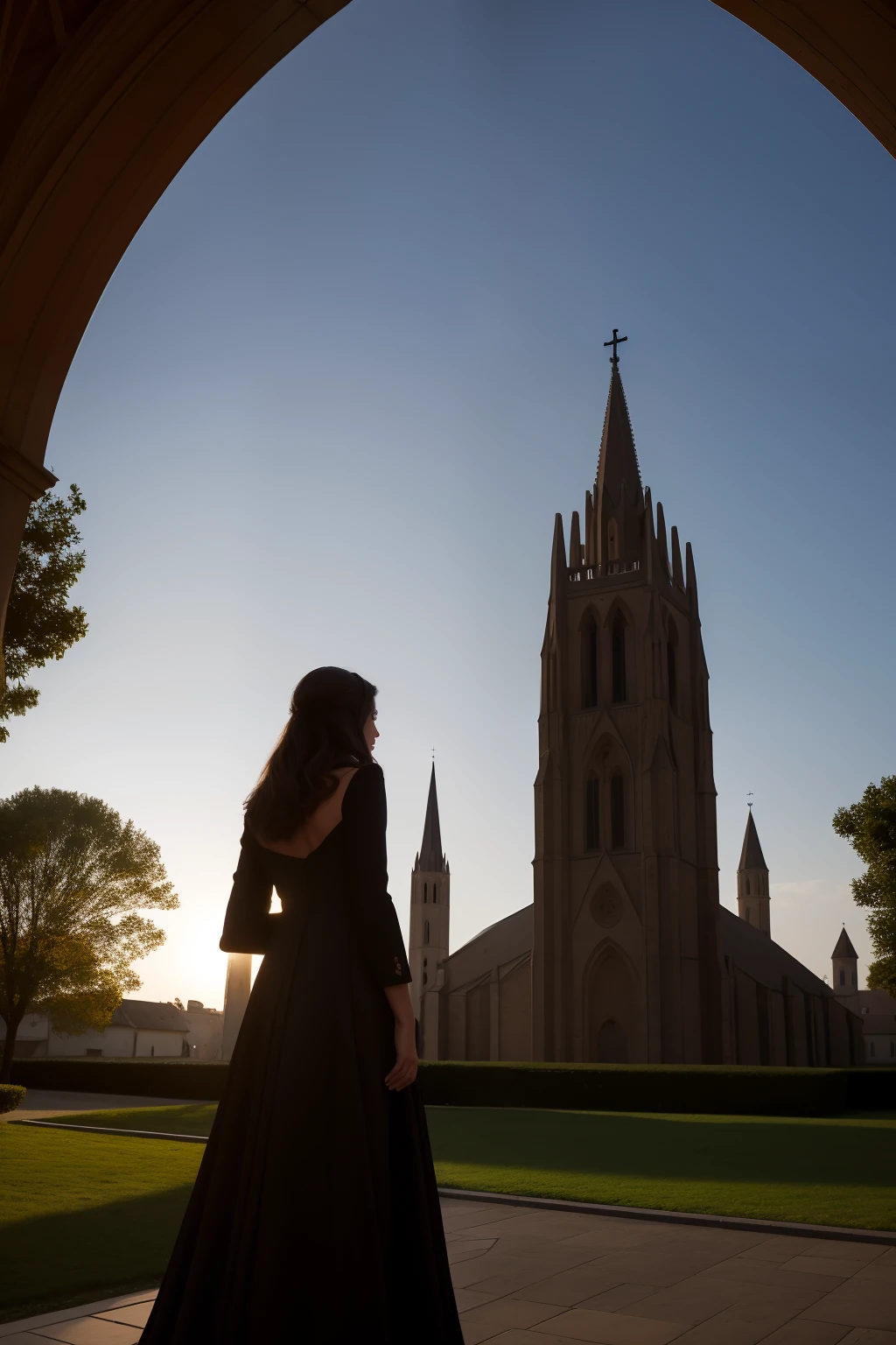 best qualtiy，80shair。，Heads-up，A half body，Back shadow，Christian，woman，Church in the background