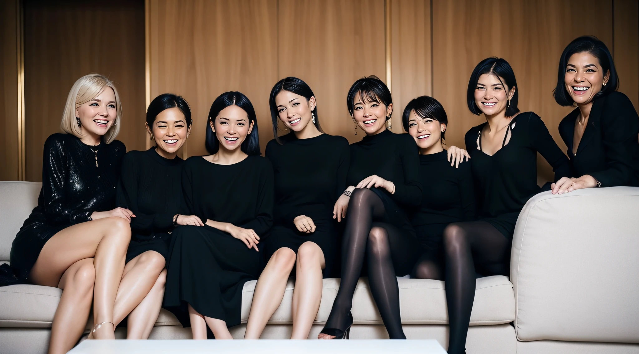 Five women,big laughter,Black clothes,Golden hair,sitting in the couch,Erlang's legs,Need,Look ahead,big laughter,Five women