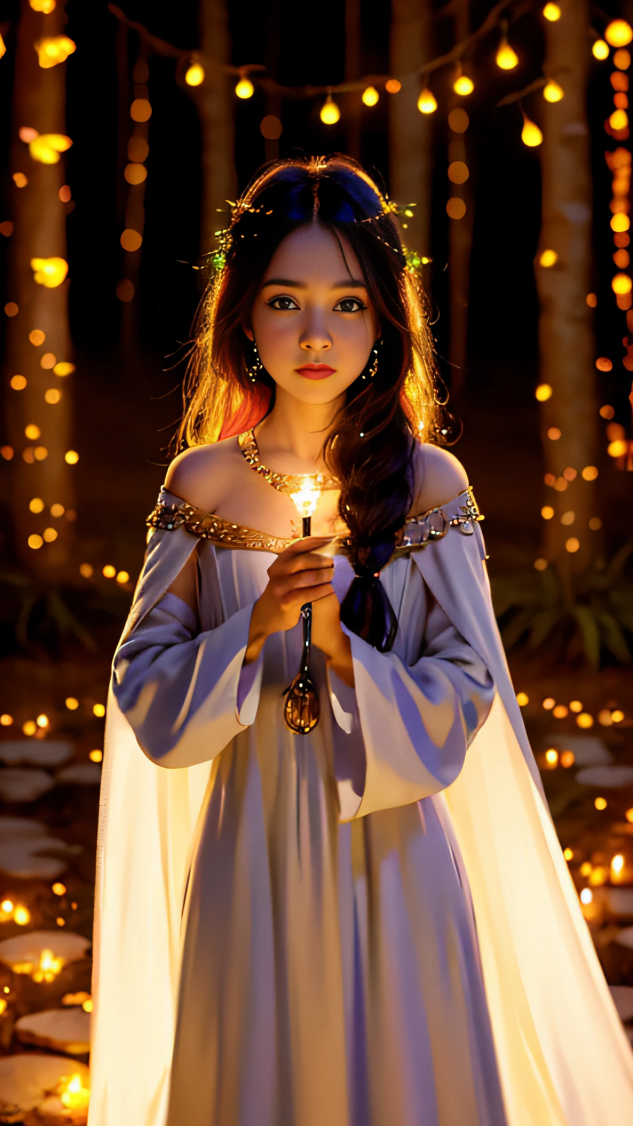 Super beautiful glowing big eyes、((1womanl))、, a sorceress、magia、Wearing a long dress made of light、magical forest、A flowing、(((firey))magia)、Tight magician's clothes、Magic clothes、(((Flowing hairstyle)))、(((radiant eyes)))、Wearing a cloak、((bokeh dof))、depth of fields、