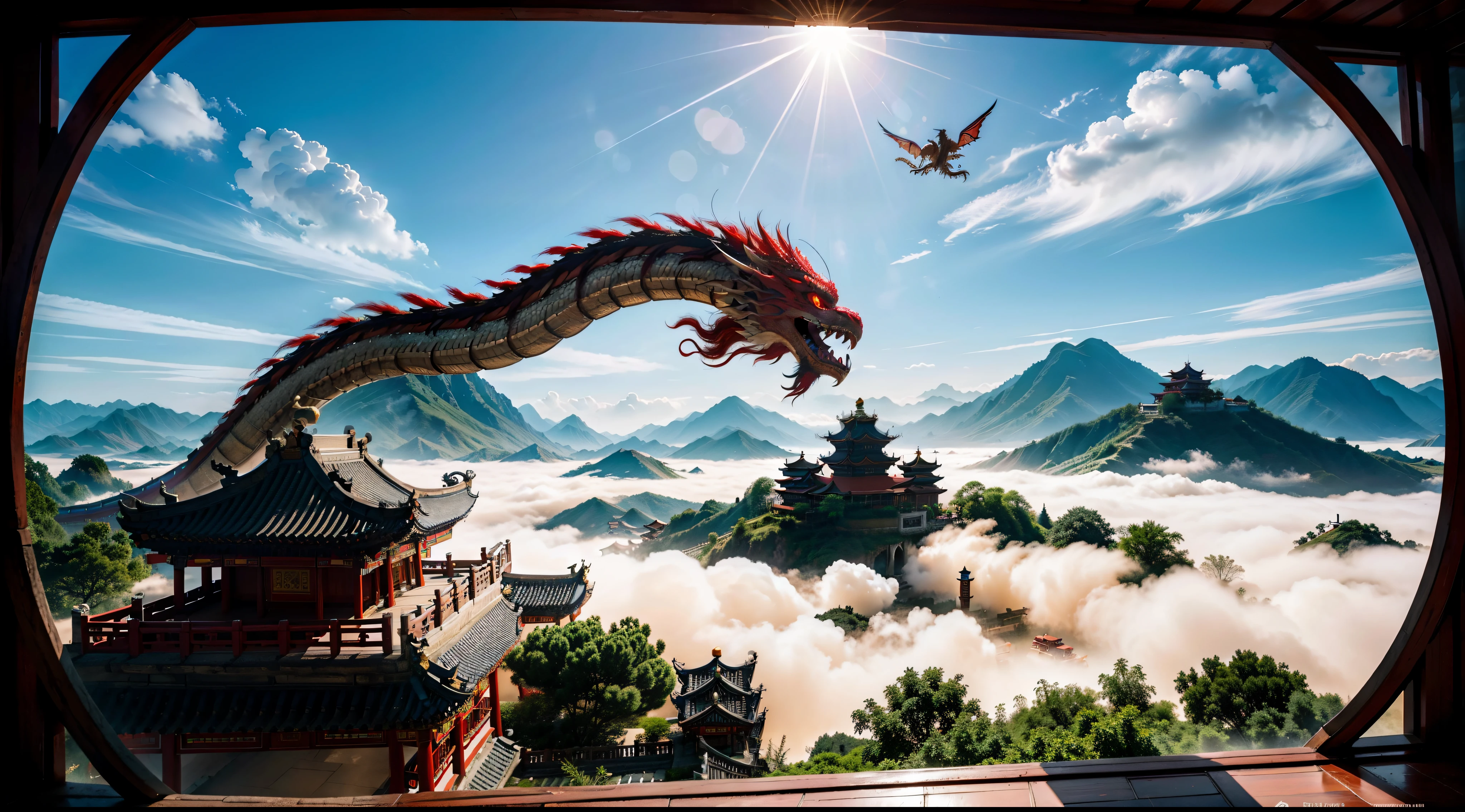 chinesedragon，Fly in the sky，magnifica，Spectacular，Wallpapers，chinese traditional architecture，In the clouds，hyper HD，Felt，Sense of oppression，Great Chinese city，A sense of confrontation，Cinematic light，Epic scenes，Red dragon