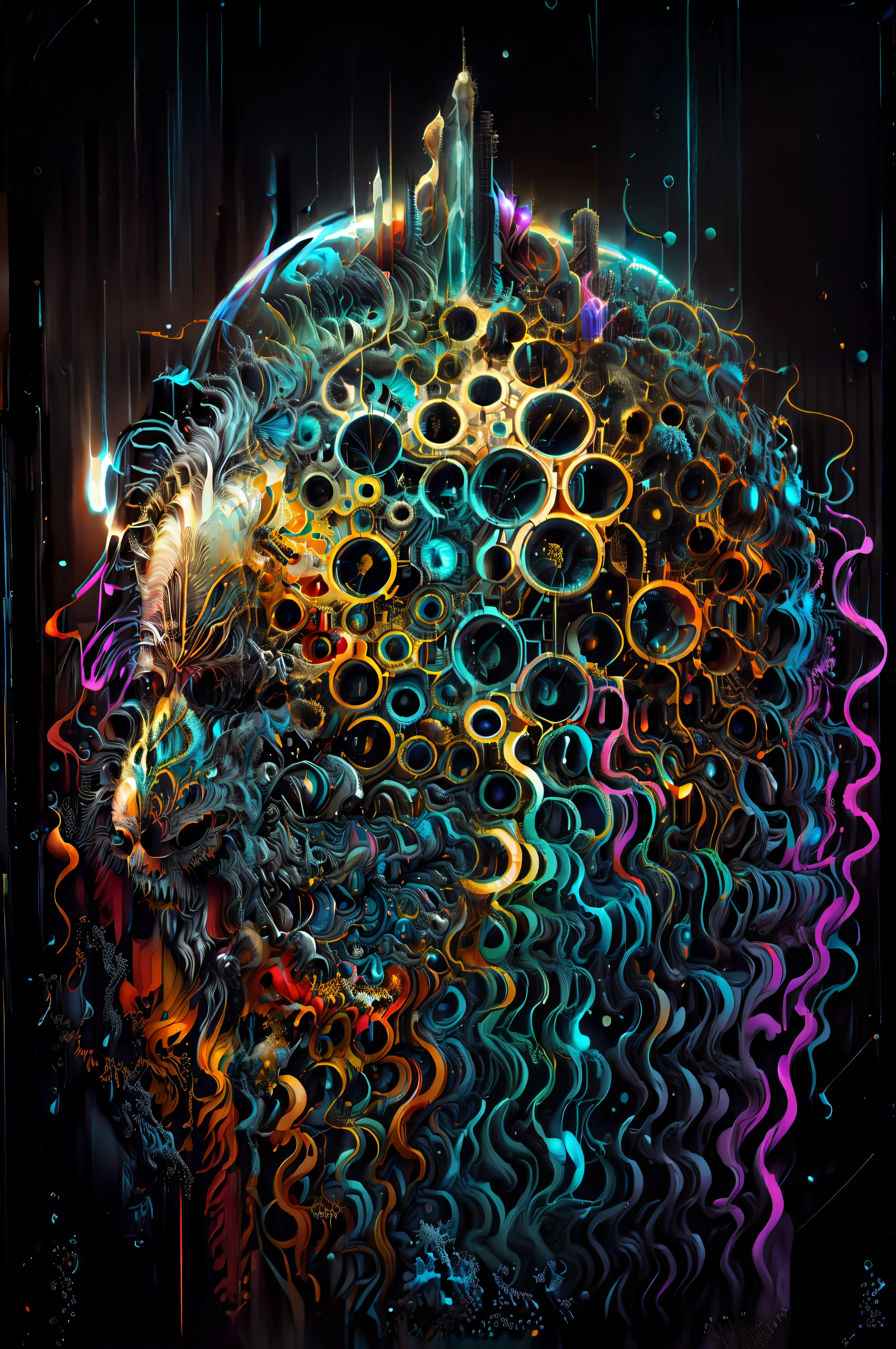(temperatura absoluta cero grados Kelvin ),Arte de Alberto Severo, salpicaduras y gotas congeladas multicolores, dream, Pintura digital surrealista , brillos tornasolados, efectos 3D, Ultra HD, obra de arte magistral ,cinematic lighting,16k