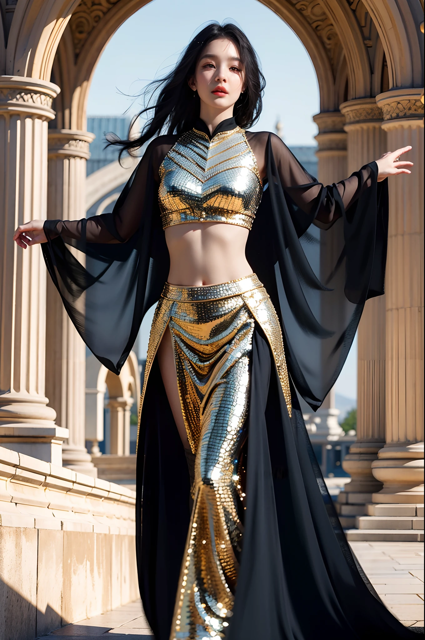 stunningly beautiful (aeolian:1.5) wlop perfect full  HDR body black hair and dress princess exposed midriff