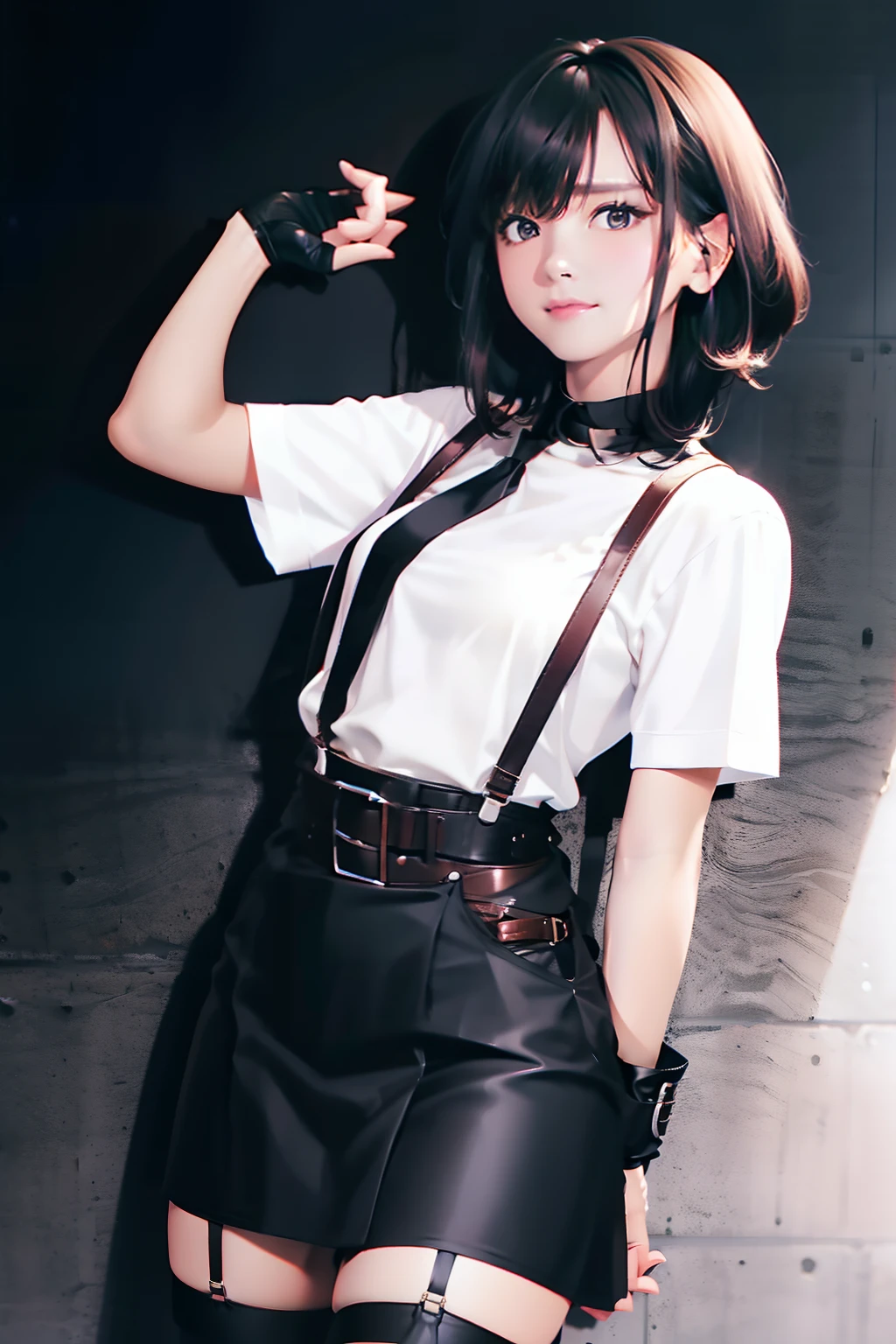 a belt　　　　　suspenders　　Black miniskirt　neck tie　Black tank top　　　　Black stockings　　　　Brown hair　short-hair　Gray eyes　　holster　bobby　Garter belt on the legs 　　Serious face　piece　Hｶｯﾌﾟ　　Fold your hands behind your back　Navel