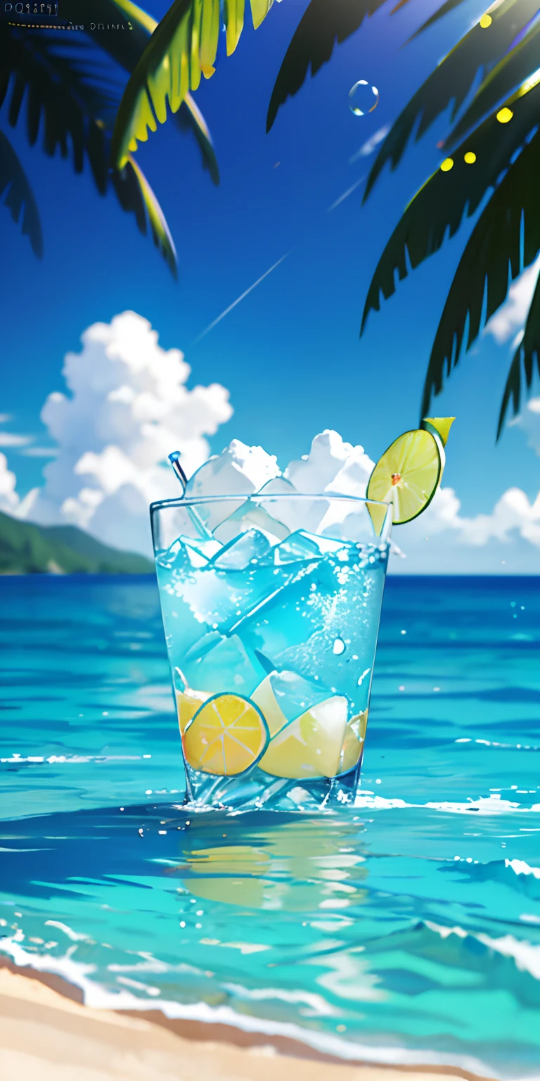 Using the right hand, macro photography depicts picnic scenes themed around a tropical beach holiday in summer. The protagonist of this photo is a cool glass filled with iced carbonated drinks. The lens focuses on glasses, fruit, dazzling midday sun, fisheye lenses, distant views, a hearty meal, (splashed liquid: 1.6), ice, (picnic scene: 0.5) (cute dessert: 0.4), dripping. It's filled with carbonated drinks, translucent liquid, daytime outdoor lights (beach 1.5), tropical plants, hot weather, HD detail, wet watermark, hyperdetail, cinematic, surrealism, soft light, deep field focus bokeh, ray tracing, diffuse (ultra-fine glass reflection), and surrealism.