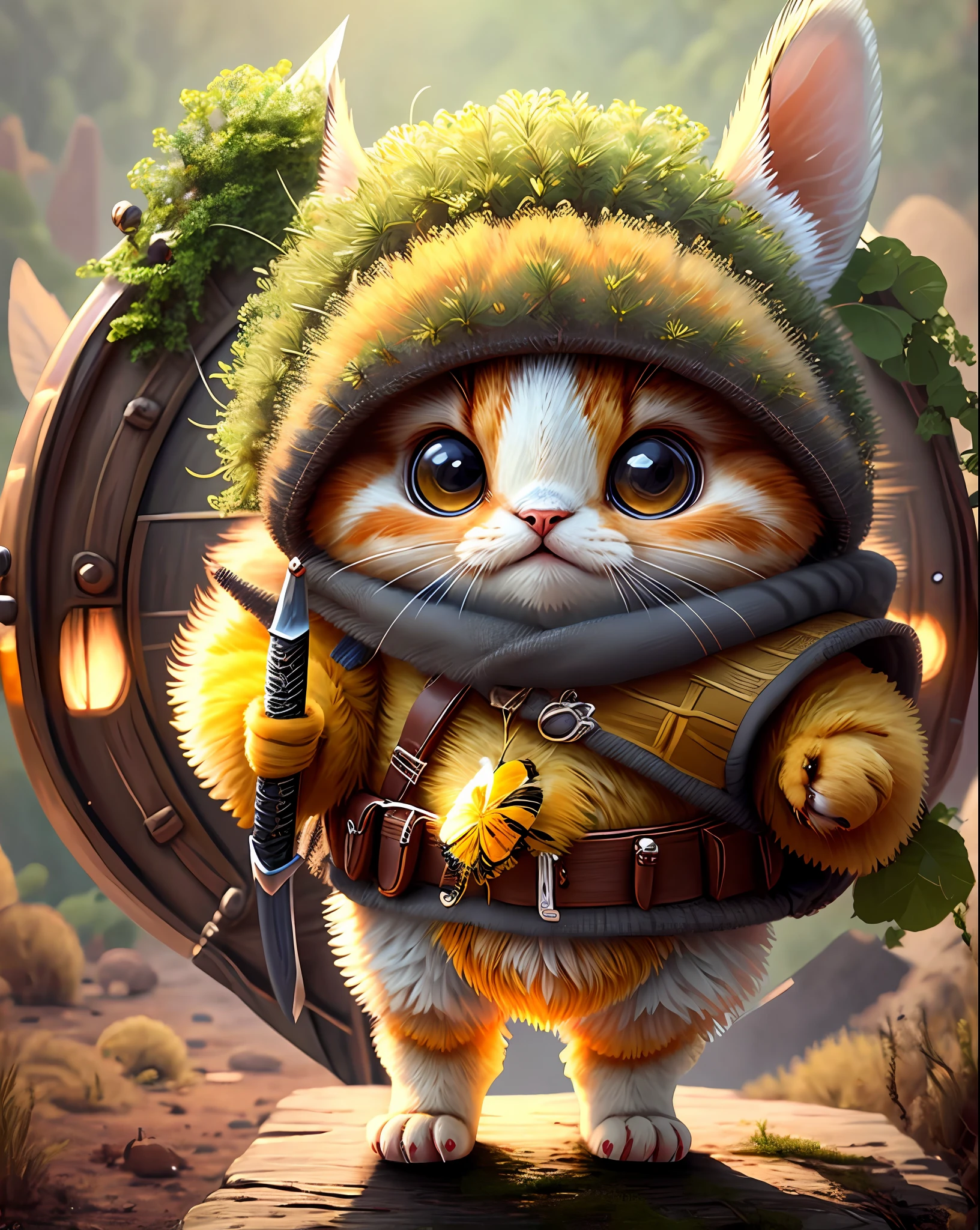 Top image quality、"Create a masterpiece of cute creatures. (bee cat), high detailing, in 8K、Top image quality、Dressed as an adventurer、Holding a sword and shield in your hand、