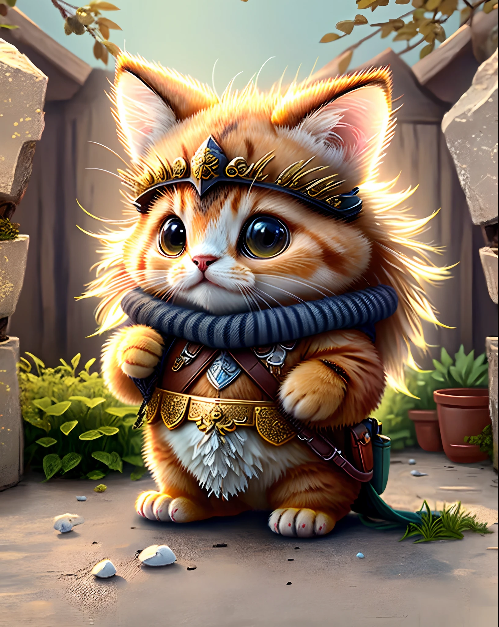 Top image quality、"Create a masterpiece of cute creatures. (bee cat), high detailing, in 8K、Top image quality、Dressed as an adventurer、Holding a sword and shield in your hand、