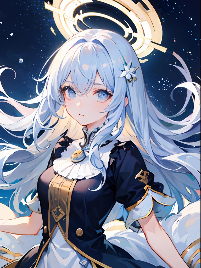 ((Best quality)), ((Masterpiece)), ((Ultra-detailed)), (illustration), (Detailed light), (An extremely delicate and beautiful), A girl, Cute face, Upper body, Two legs, Long dress, (Beautiful detailed eyes), Stars in Eyes, Messy floating hair, Colored inner hair, Starry sky adorns hair, (A lot of_af_Big_Colorful_Bubble), [the pearl], [milky ways], Depth of field,[Ice crystals], (snowflower)
