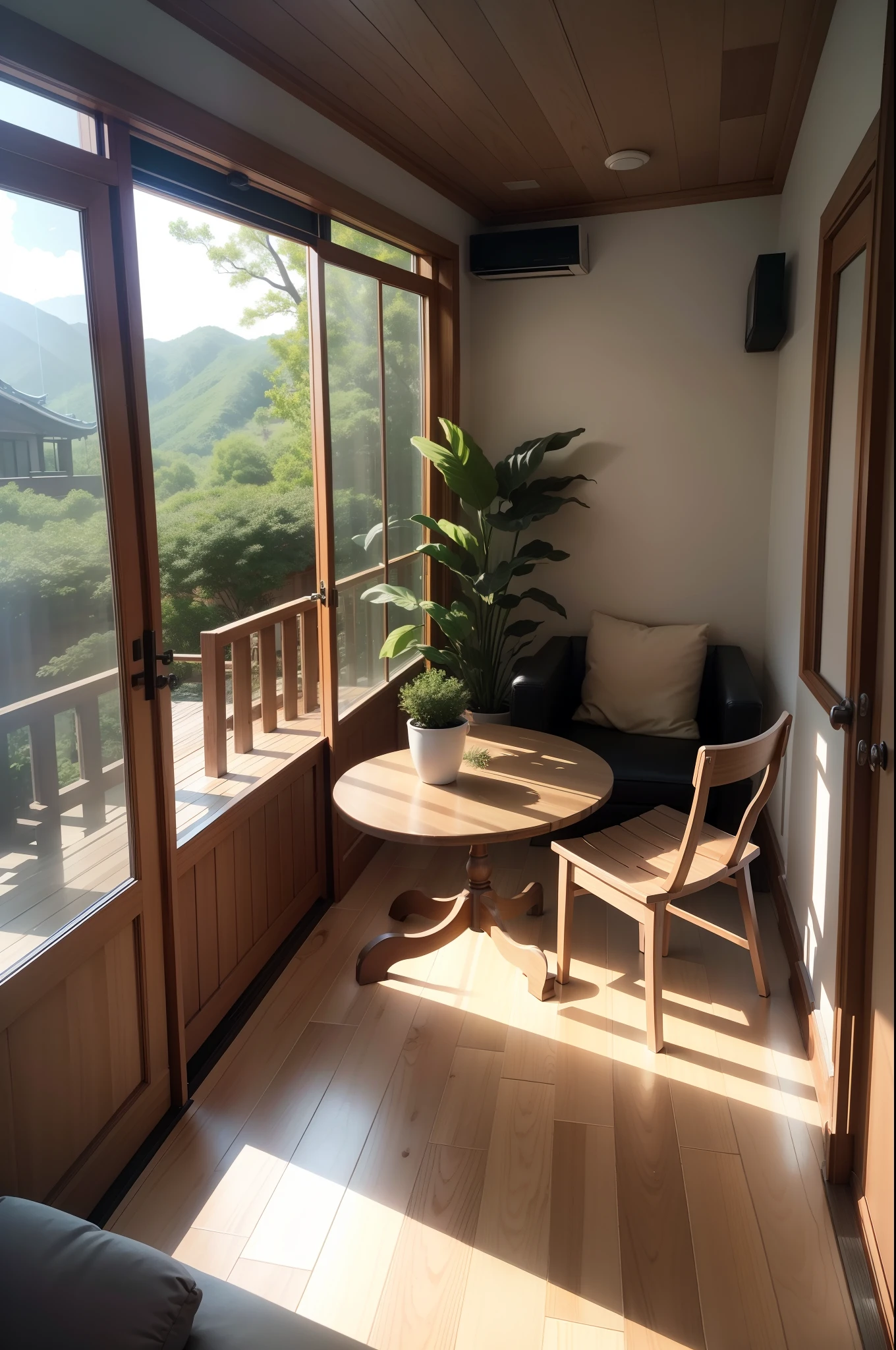interior design、Insanely detailed wide-angle architectural photo、Cozy contemporary living room、(Bright and warm sunlight 1:0.1)、Award-winning contemporary interior design、landscapes、The table、a chair、in a house、Wooden flooring、window、resturant、east asian east asian architecture、sliding paper doors、abajour、architectural、the woods、naturey、cups、a plant、interior design、Insert lighting and shadows、depth of fields、low illuminance