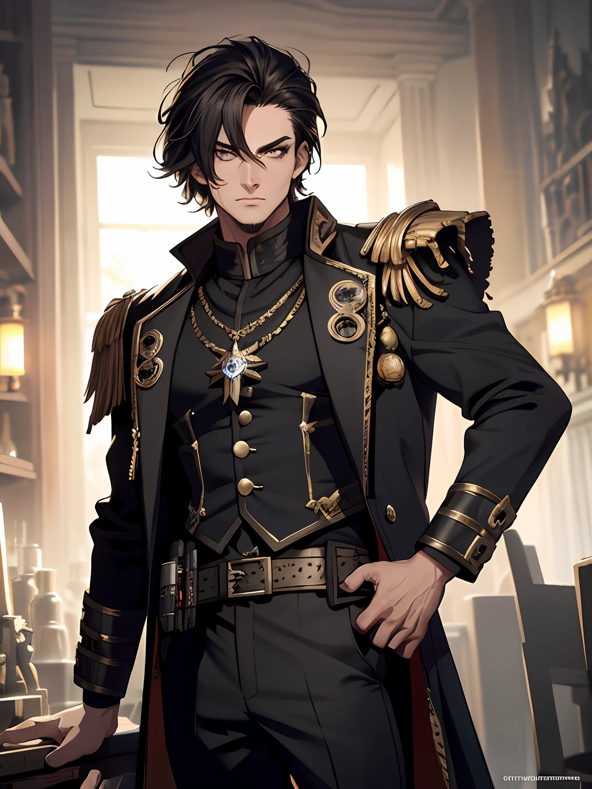 (absurderes,A high resolution,Ultra - detailed),mature,beau,tall muscular man,a broad shoulder,cheveux bruns,yeux jaunes,manteau brun,Fine eyes and detailed face, tmasterpiece, The best quality at best, 1boy, Tient un pistolet double, Deux coups, pistolet complexe, solo, beau, short and detailed hair, T 恤, veste noire noire, Pantalon noir, The upper part of the body,(Warhammer Fantasy Theme:1.1)