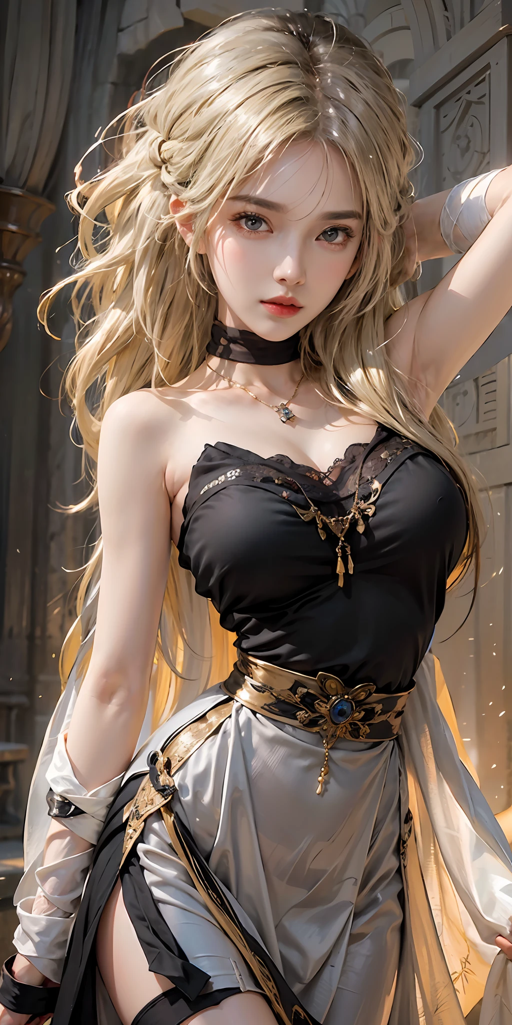 photorealistic, high resolution, soft light,1women, solo, hips up, look at viewer, (detailed face), long hair, blonde hair, bright eyes, blindfirekeeper, medium breasts, curvy, black dress, black capelet, bandaged arm, tattoo, jewelry