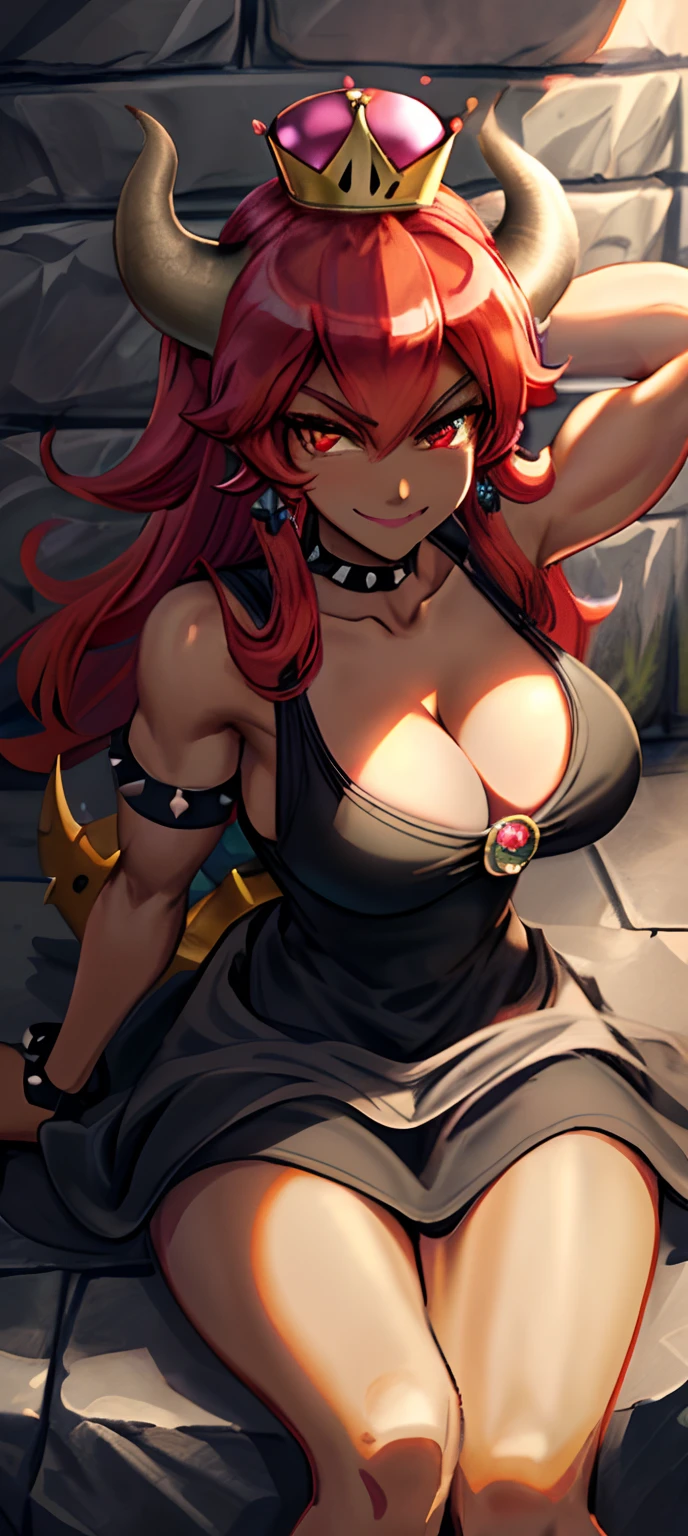 [redbowsette], [Princess_Peach], ((masterpiece)), ((solo portrait)), ((front view)), ((High definition)), ((anime)), ((raytracing)), ((detailed shading)), {bowsette; (dark skin, cute red eyes, long red hair, (large boobs), (cleavage), (smug smile), (long eye lashes), (sharp white teeth), (beautiful muscular legs), (defined arm muscles)}, {(short black dress), spike bracers), (spike choker), (red pendant on chest), (spike red earrings)}, {(sitting on dark grey stone wall), (looking at viewer), (dynamic pose)}, [Background: (Volcano), (dark starry sky), (lava), (smoke)]