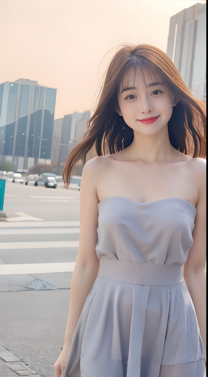 Super smile, randome pose, mix4, (8K, RAW photos, top-quality, tmasterpiece: 1.2), (realisticlying, realisticlying: 1.37), 1 rapariga, adolable, view over city, the night, Sateen, dampness, profesional lighting, photon maping, Radio City, physically-based renderingt, gradient brunette hair, short and wavy hair, Handsome, teens girl, Bandeau dress, Excellent image quality(k hd), 1080p, (Clear face), (Detailed facial description), (Detailed hand description), (tmasterpiece), (Delicate CG), extreme light and shadows,messy hair,tmasterpiece,rich details,(exquisitefacialfeatures),(best images quality),(tmasterpiece),(The attention to detail),look in the eyes,Delicate collarbones