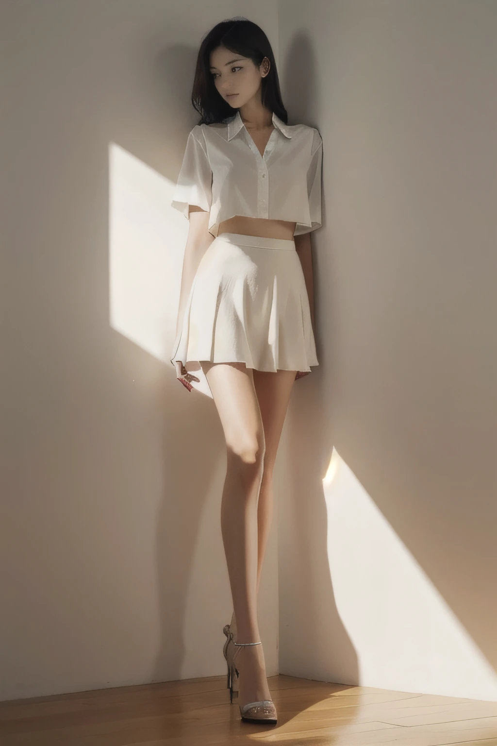 Realistic, long legs, full, feminine, white shirt, mini skirt, high heels, (masterpiece, top quality, best quality, official art, beautiful and aesthetic: 1.2), dramatic shadows, very detailed. High Quality, High Resolution, 16k, RAW, Ultra High Definition, Super Detail, Detail, Very Delicate and Beautiful, Beautiful and Aesthetic, Very Detailed, Real Shadow, From Below