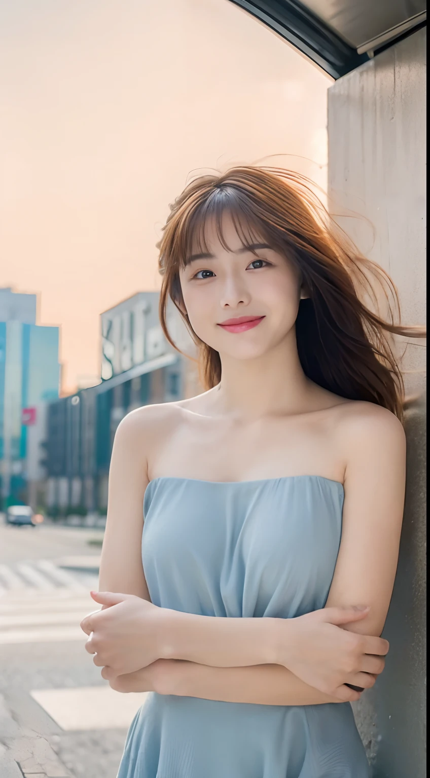 Super smile, randome pose, mix4, (8K, RAW photos, top-quality, tmasterpiece: 1.2), (realisticlying, realisticlying: 1.37), 1 rapariga, adolable, view over city, the night, Sateen, dampness, profesional lighting, photon maping, Radio City, physically-based renderingt, gradient brunette hair, short and wavy hair, Handsome, teens girl, Bandeau dress, Excellent image quality(k hd), 1080p, (Clear face), (Detailed facial description), (Detailed hand description), (tmasterpiece), (Delicate CG), extreme light and shadows,messy hair,tmasterpiece,rich details,(exquisitefacialfeatures),(best images quality),(tmasterpiece),(The attention to detail),look in the eyes,Delicate collarbones