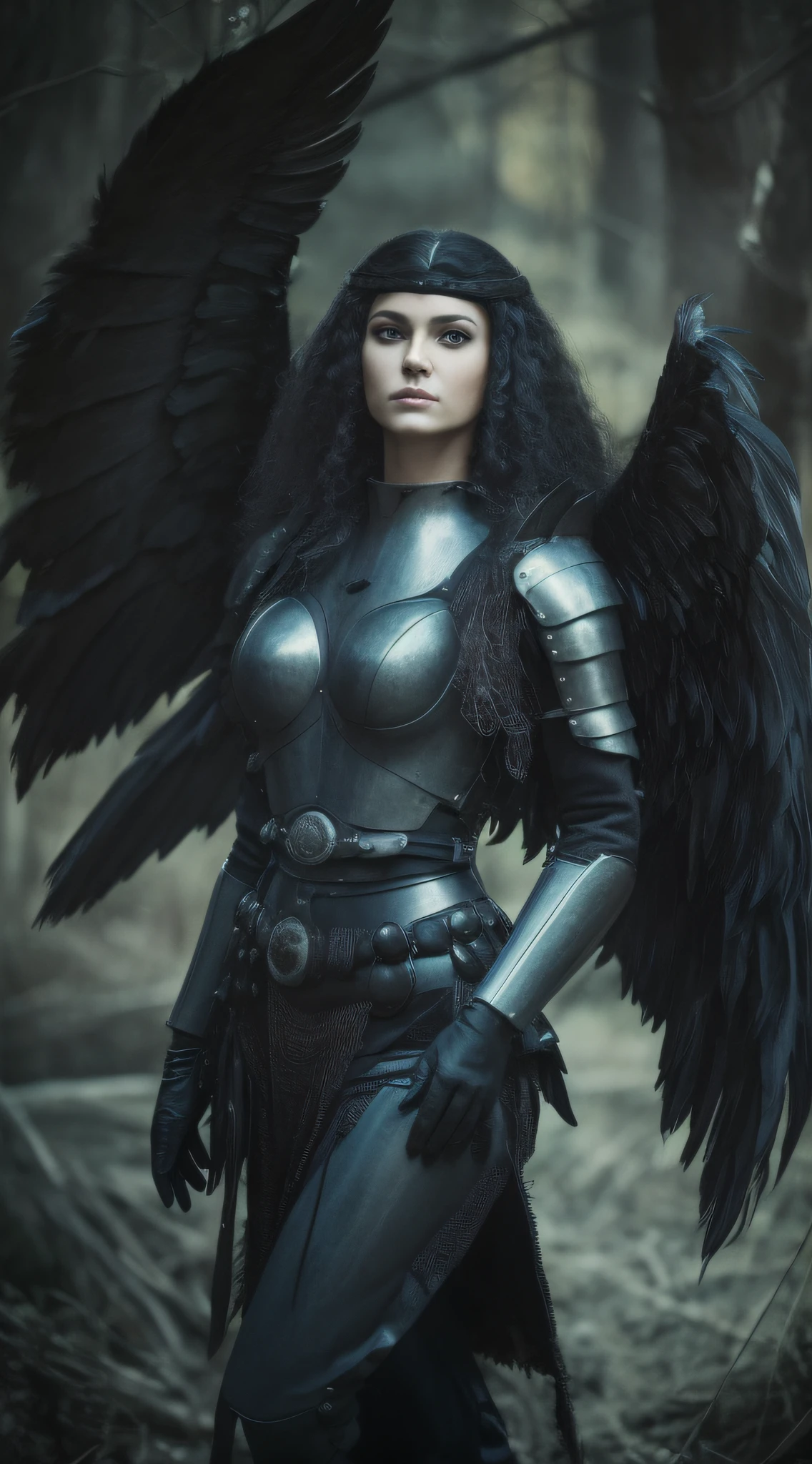mulher, Hibrido, antromomórfica, antropomorfia, (Emphasis with large black wings), fotorrealista, ultra-detalhado, detalhes intrincados, super detalhado, volumático, HDR, Realistic, Motor irreal, 16k, foco nítido, octan render, da mais alta qualidade, Foto RAW, cinematic composition,