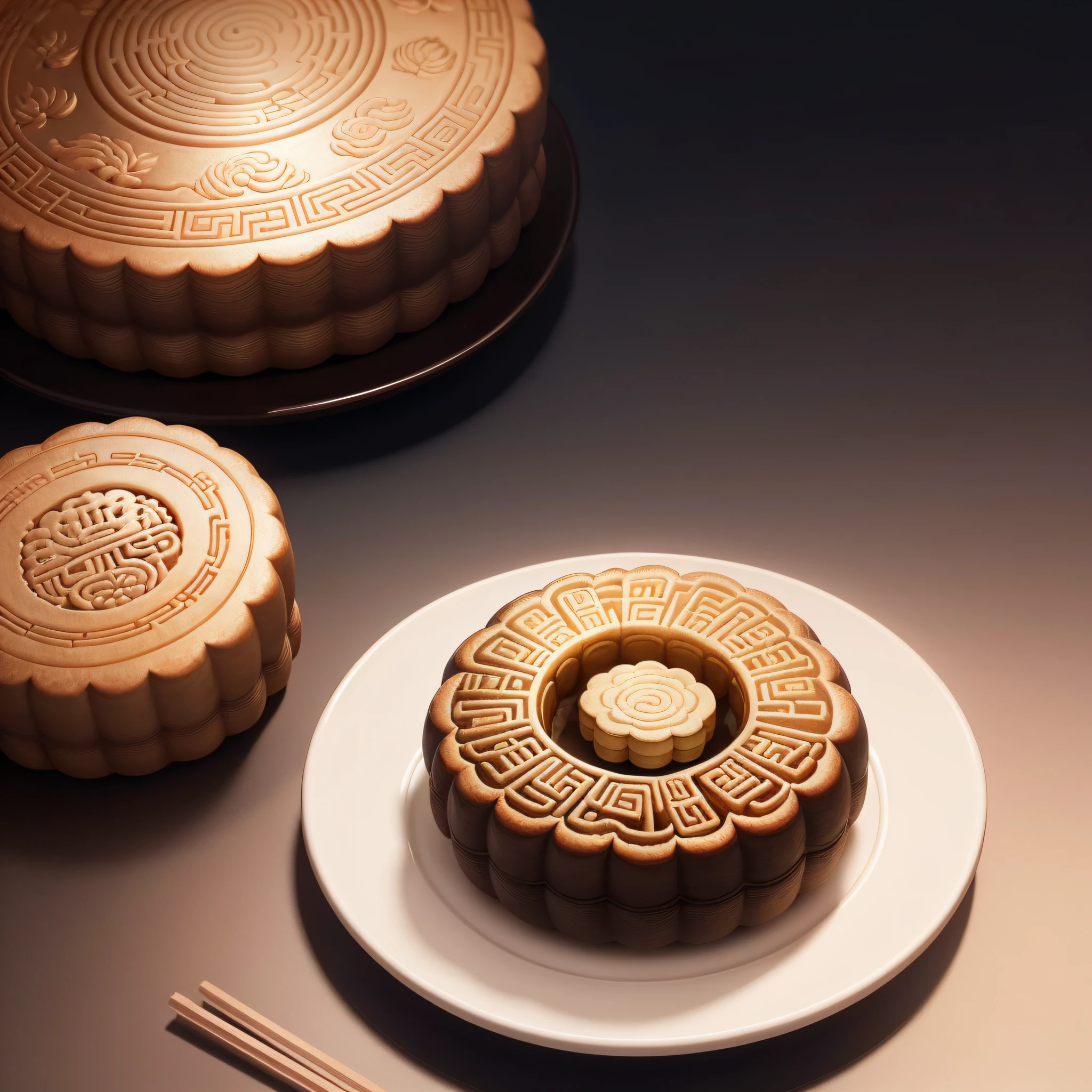 1 mooncake, Placed on a plate, Well furnished, It was delicious, Traditional Chinese illustration style, Digital art, Simple background, A masterpiece on white background, Best quality, Ultra-detailed, High quality, 4K