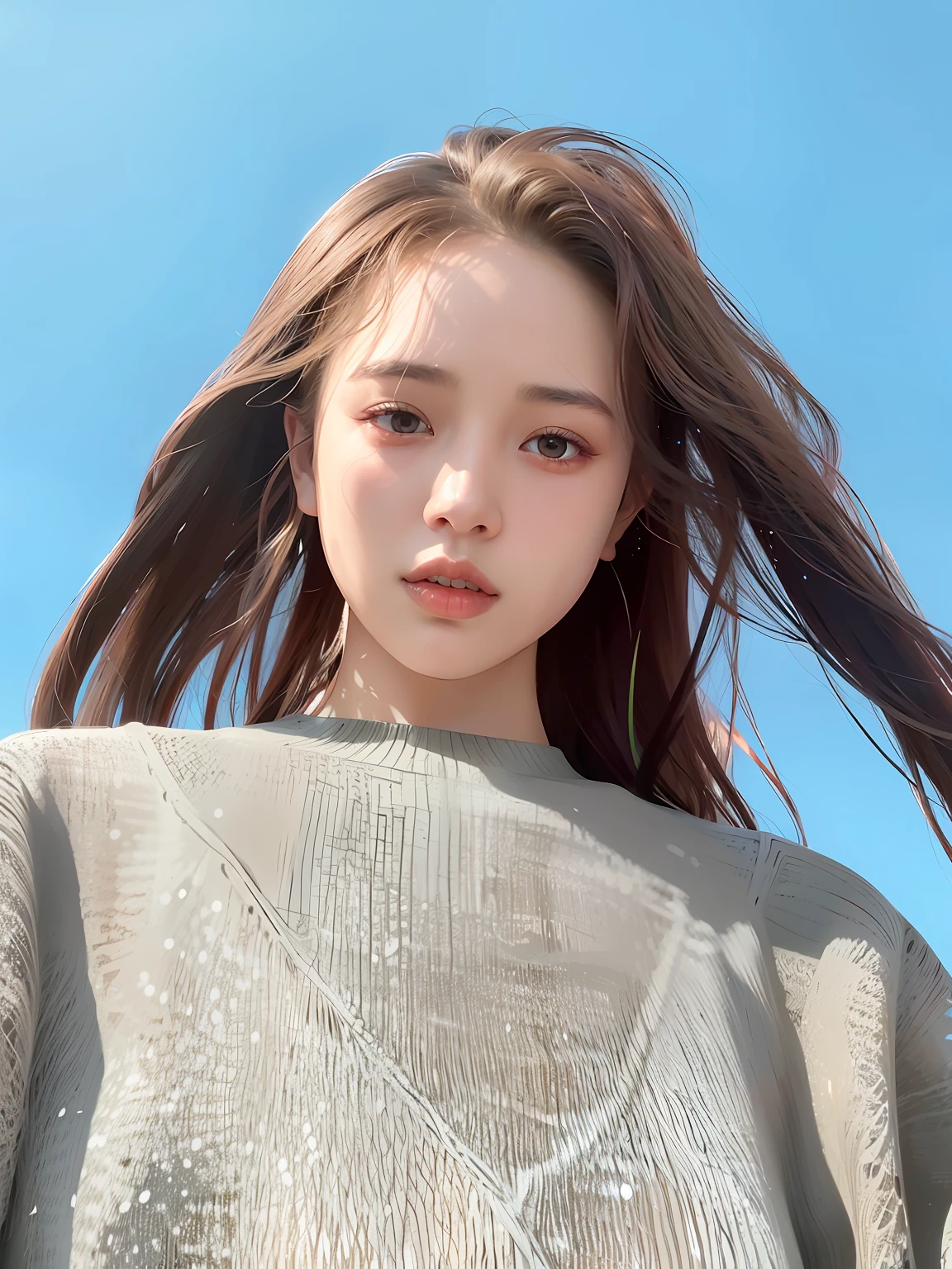 Woman with long hair standing in front of the blue sky, young lovely Korean faces, young cute wan asian face, portrait of jossi of blackpink, A young Asian woman, Wide forehead, Choi Hyun-hwa, Young Asian girl, Young Asian woman, chiho, blackpink jennie, She is facing the camera, Asian girl with long hair