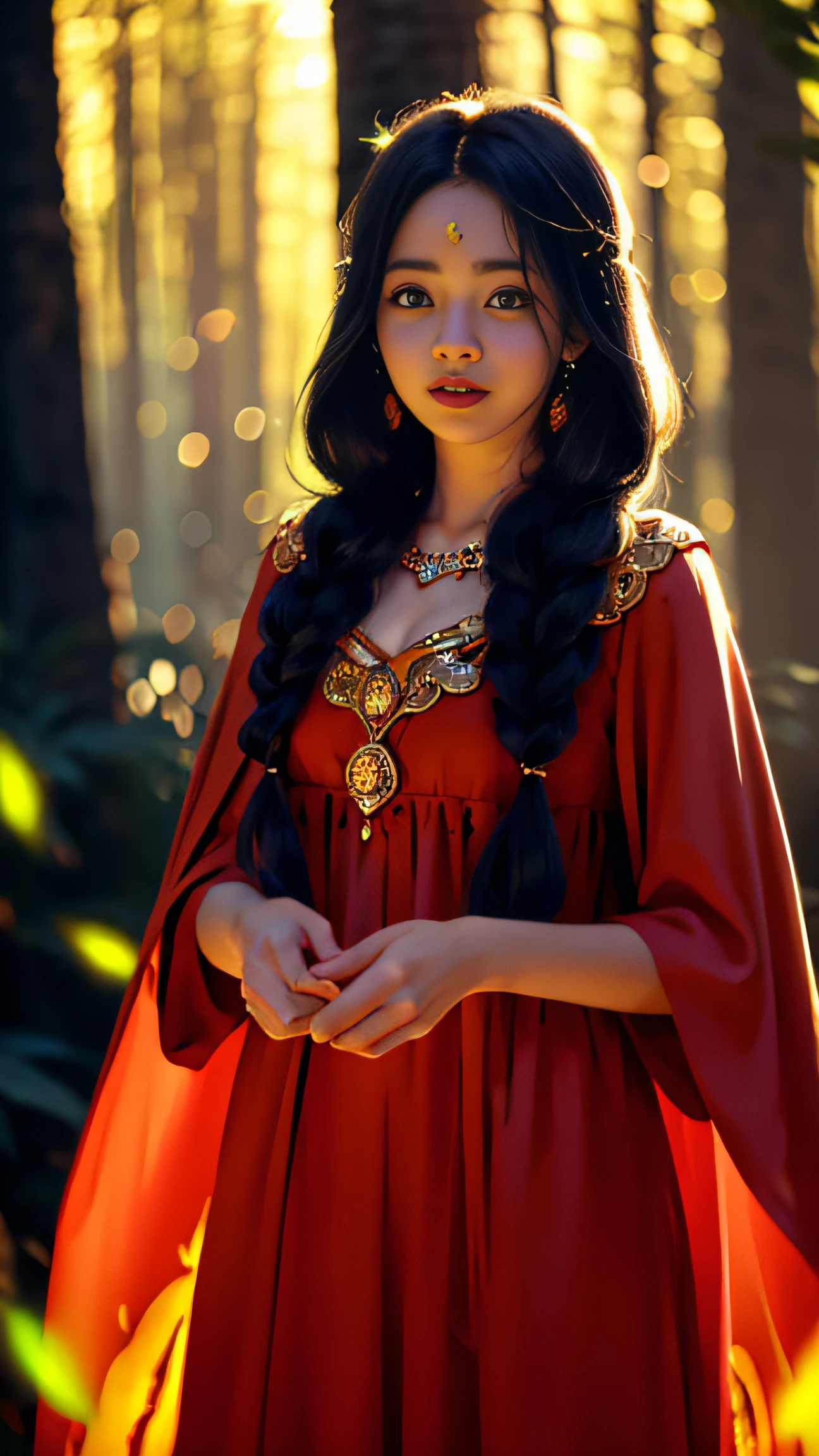 Super beautiful glowing big eyes、((1womanl))、17 years old, a sorceress、magia、Wearing a long dress made of light、magical forest、A flowing、(((firey))magia)、Tight magician's clothes、Magic clothes、(((Flowing hairstyle)))、(((radiant eyes)))、Wearing a cloak、((bokeh dof))、depth of fields、