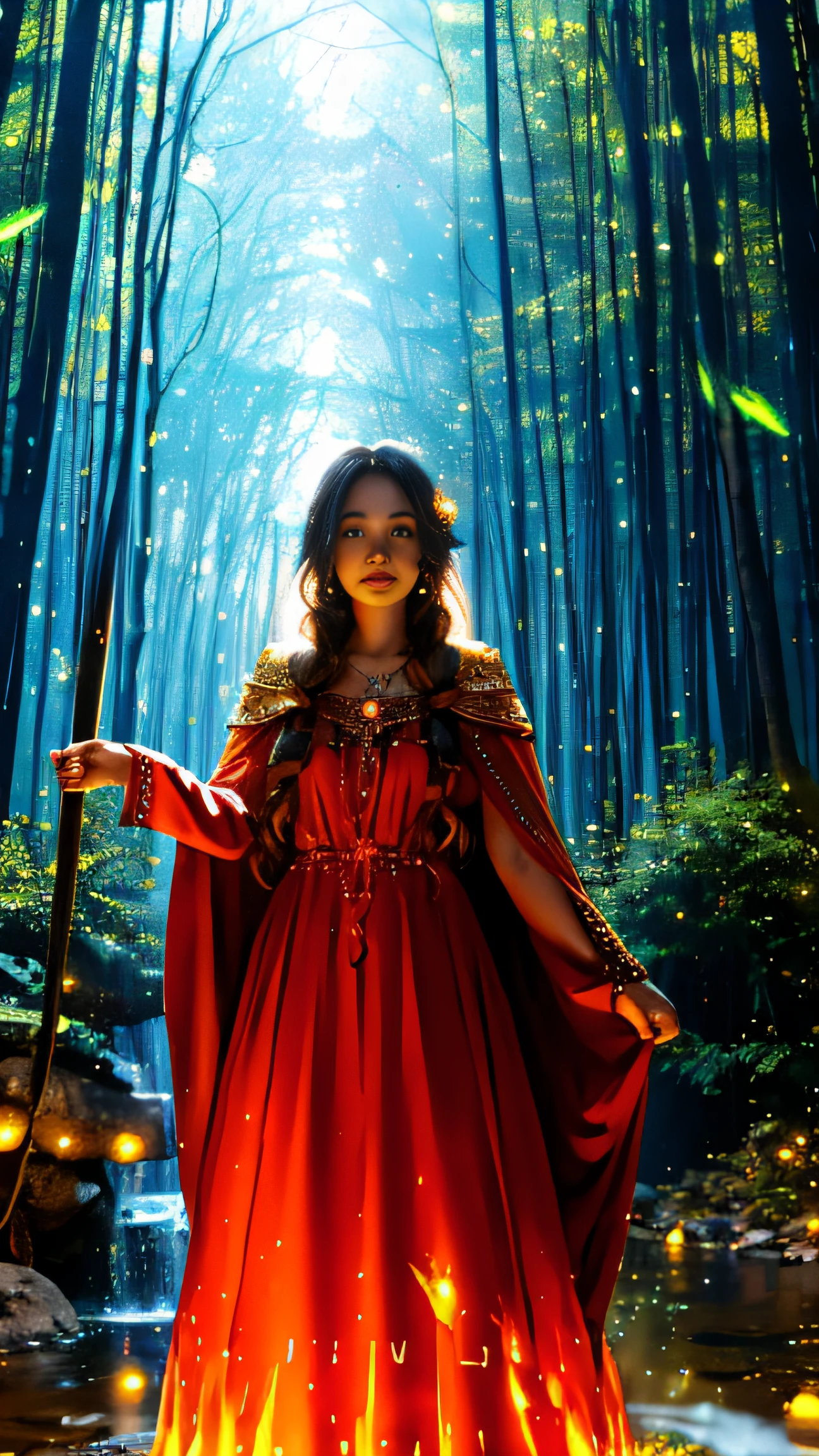 Super beautiful glowing big eyes、((1womanl))、17 years old, a sorceress、magia、Wearing a long dress made of light、magical forest、A flowing、(((firey))magia)、Tight magician's clothes、Magic clothes、(((Flowing hairstyle)))、(((radiant eyes)))、Wearing a cloak、((bokeh dof))、depth of fields、