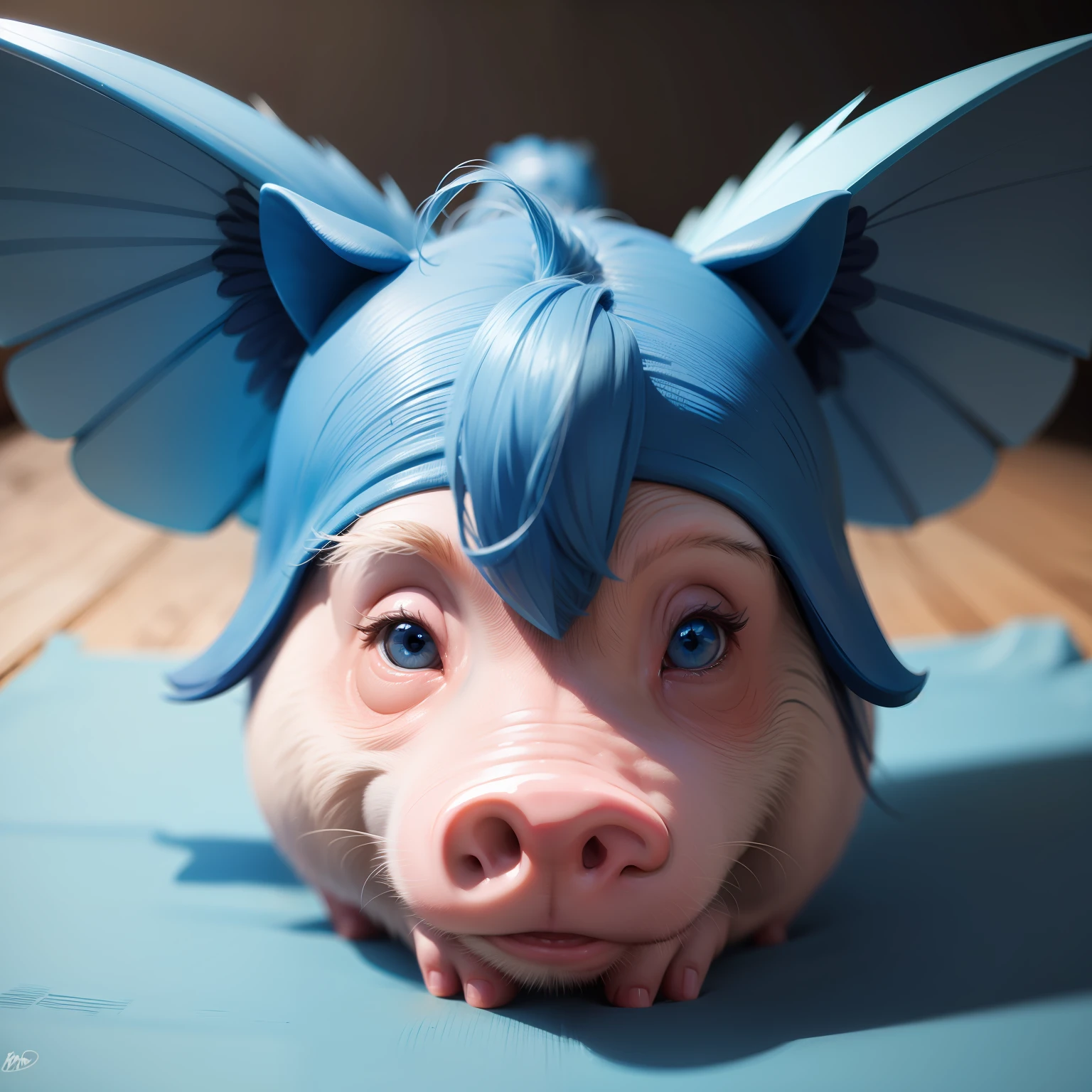 pigs，blue colors，wings，large nose