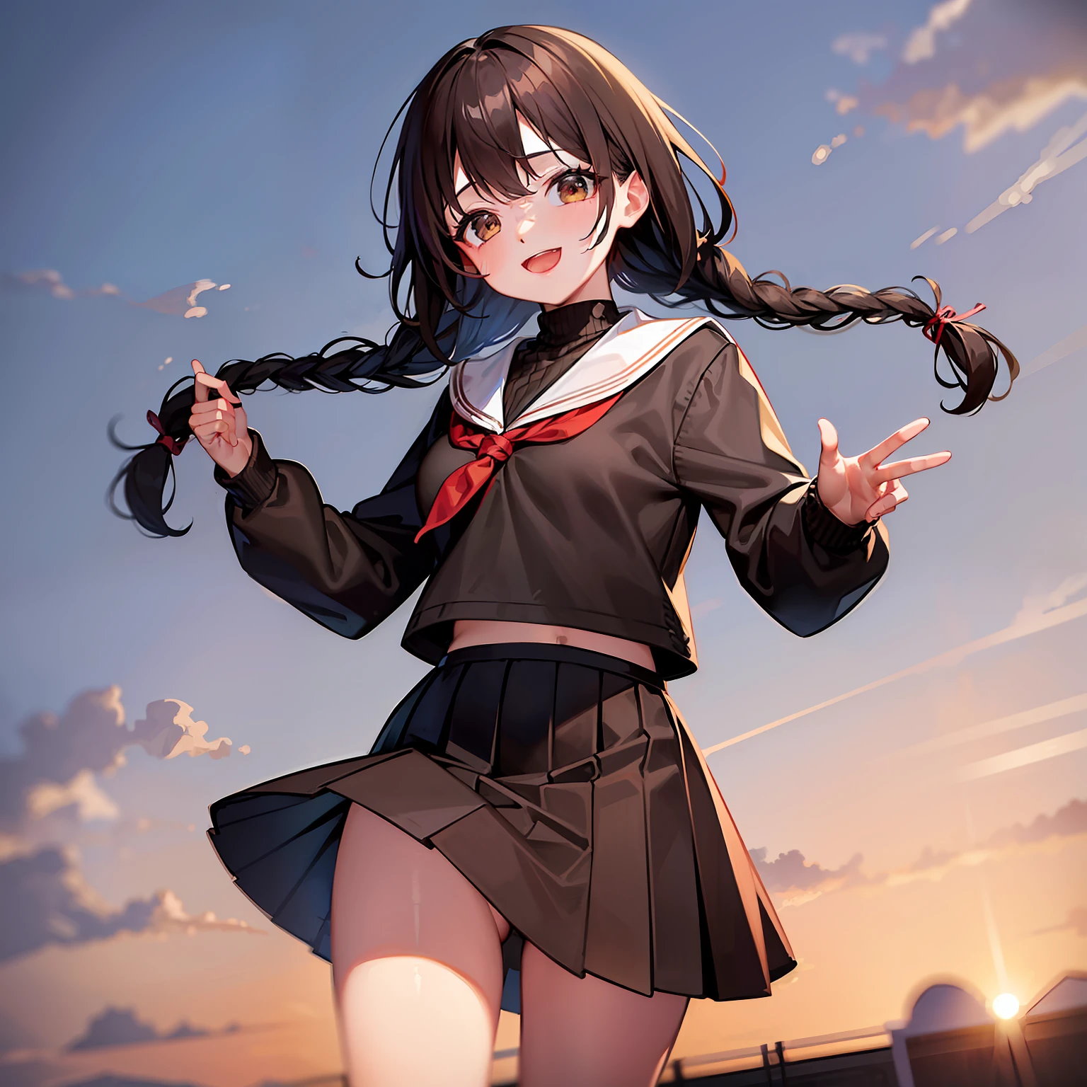 masterpiece, top-quality, hight resolution, KR1,,One woman with brown eyes, Brown hair,Braids, Black sailor suit, skirt by the, Sweaters, pleatedskirt, sockes, is standing, cowboy shot, a smile,