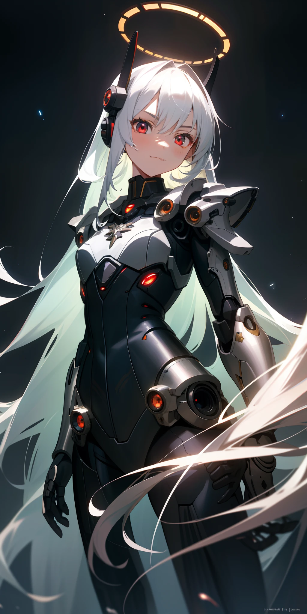 (petite body:1.2), very tall body, masterpiece,best quality,ultra-detailed,very detailed illustrations,extremely detailed,intricate details,highres,super complex details,extremely detailed 8k cg wallpaper,cowboy shot, caustics,reflection,ray tracing,demontheme,nebula,dark aura,cyber effect, (1girl:1.4),solo,alone,mecha musume,mechanical parts, robot joints,single mechanical arm, headgear, mechanical halo,star halo,intricate mechanical bodysuit, mecha corset, kimono, full armor, very long hair,white hair, hair between eyes, multicolored hair, colored inner hair, red eyes,glowing eye,eye trail, random expressions,random action, ancient japanese architecture,pond, starry sky,skyline,