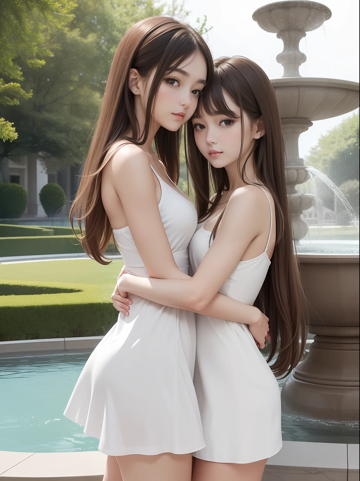 masuter piece, best qualtiy, ((realisitic)), 8K picture quality, (((twin sisters))), extremely delicate and beautiful, magnifica, Official art with attention to detail, Ridiculous, unbelievable Ridiculous, (Put the head in the frame), huge filesize, ultra-detailliert, ighly detailed, (A pretty girl), (Petite and pretty girl), (Korean  beauty), ((Perfect female figure)), Slim waist, brown haired, White Camisole Dress, Hugging and kissing in front of a fountain,