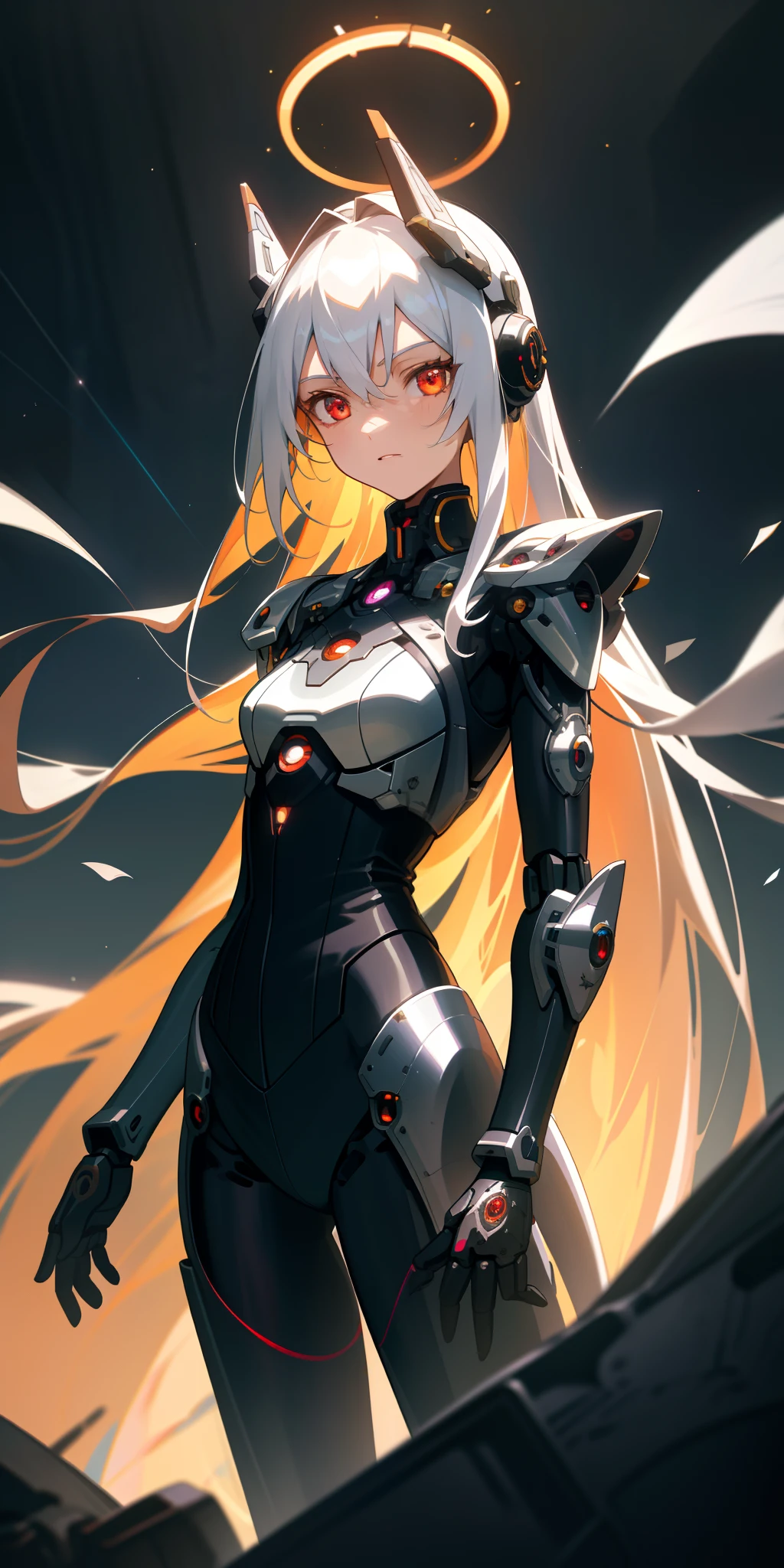 (petite body:1.2), very tall body, masterpiece,best quality,ultra-detailed,very detailed illustrations,extremely detailed,intricate details,highres,super complex details,extremely detailed 8k cg wallpaper,cowboy shot, caustics,reflection,ray tracing,demontheme,nebula,dark aura,cyber effect, (1girl:1.4),solo,alone,mecha musume,mechanical parts, robot joints,single mechanical arm, headgear, mechanical halo,star halo,intricate mechanical bodysuit, mecha corset, kimono, full armor, very long hair,white hair, hair between eyes, multicolored hair, colored inner hair, red eyes,glowing eye,eye trail, random expressions,random action, ancient japanese architecture,pond, starry sky,skyline,