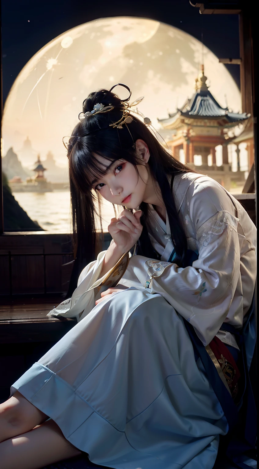 The moon is born on the sea,The end of the world is at this time。Lovers complain about the night,Lovesickness。Extinguish the candle with mercy,Wear lotion。It's hard to give,Fall asleep in time。(A landscape painting full of longing mood:1.2),(The large, The full moon hangs high in the sky),(Bright moonlight shines through the clouds),(The lower left corner of the picture shows ancient Chinese architecture),(Ancient Chinese beauty looks sideways through a window,Extremely detailed and perfect description of the face,Close-up of the middle view),(Under the moon is the sea,Carefully depicted ripples on the sea),nighttime scene,Autumn tones,(an Chinese ink painting style),(Masterpiece),(Extremely detailed picture description),(8k wallpaper),(Master painting),(Noticeable light and shadow effects),(Ray traching),(Obvious layers),(depth of fields),(best qualityer),Ray
