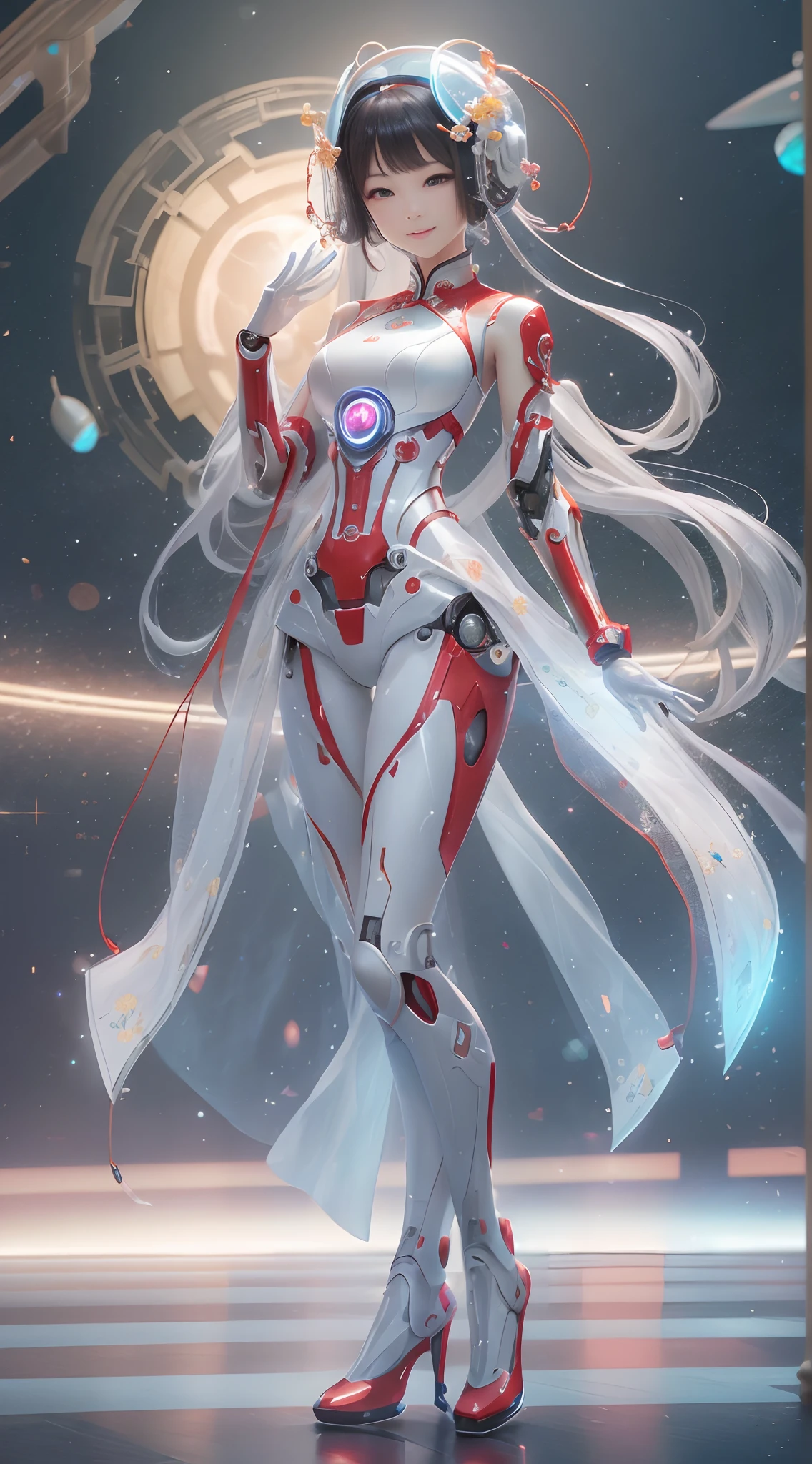 (full-body shot:1.4), Space Art, 1 Cheongsam woman,Standing posture,Transparent robotic arm,Transparent mechanical eye mask, Slender figure,perfectly proportions,Delicate hair accessories, smile,Transparent mechanical shoes, Oriental elements, (Soft Lighting, Bokeh),high quality,4K,3D