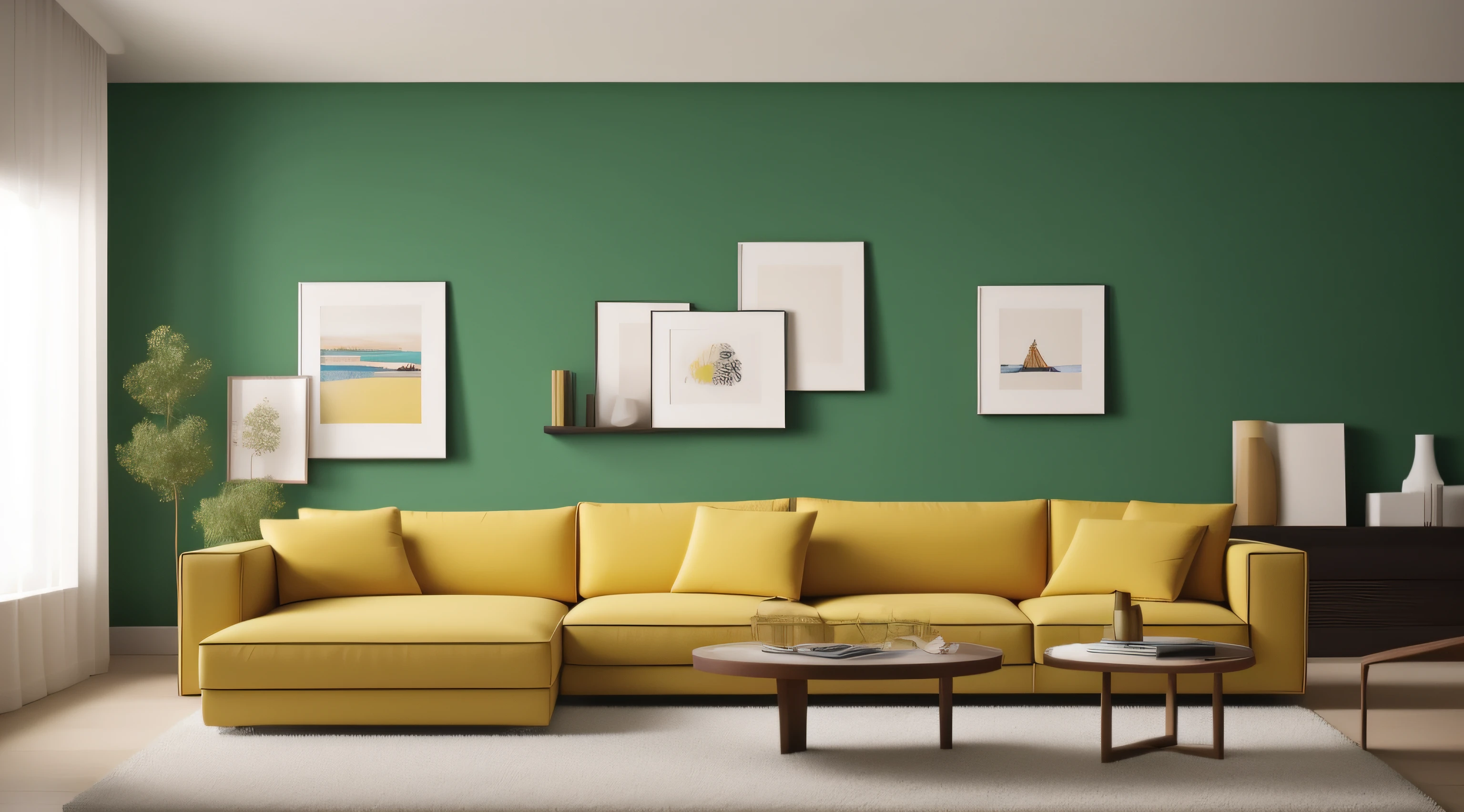 a brightly colored room with a couch , a picture inspired by Choi Buk, , minimalism, Color code #95FFDC and #1C7E99, bold colored walls,#1C7E99 and #95FFDC scheme, cold theme,, dark color scheme, warm colored furniture, interior decoration, living room wall background, yellow and , bold complementary colours