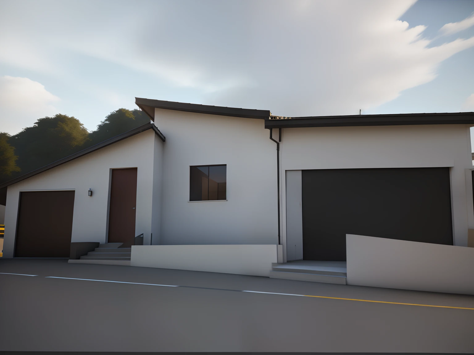 There is a picture of a house with a garage next door, Lumion Pro Rendering, Directed by: CeFerí Olivé,renderizar 3 d, renderizado em unidade 3 d, renderizado em unreal 3 d, renderizado em unreal engine 3d, 3d final render, 3 d finalrender, renderizado no Unreal Engine 3, semi-realistic rendering, altamente renderizado!!, renderizado em pov - raio, em estilo de realismo simplificado