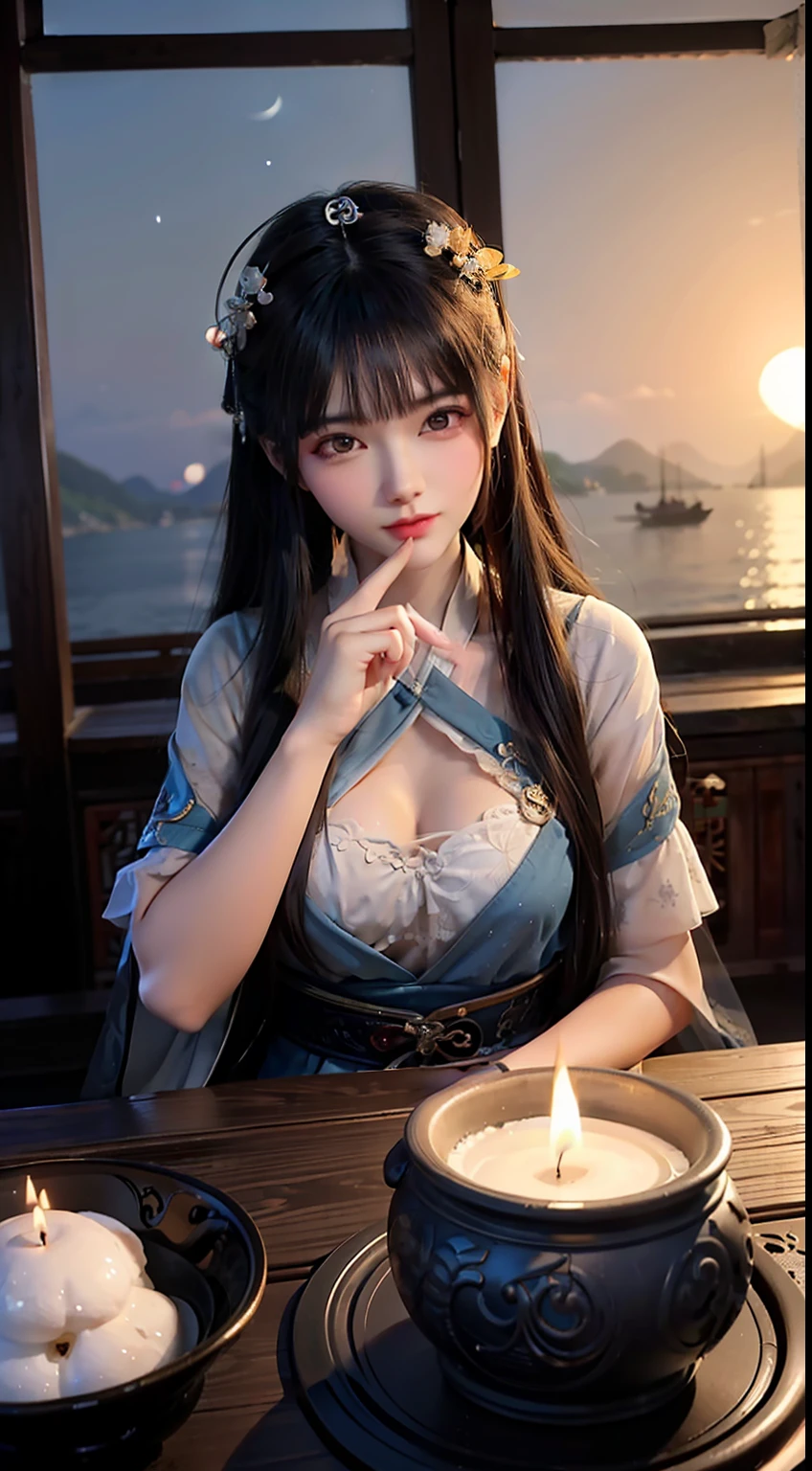 The moon is born on the sea，The end of the world is at this time。Lovers complain about the night，Lovesickness。Extinguish candles with mercy，Wear a lotion。It's hard to give，Sleep in good time。（A landscape painting full of longing mood:1.2），（The large, The full moon hangs high in the sky），（Bright moonlight shines through the clouds），(The lower left corner of the figure shows ancient Chinese architecture），（Ancient Chinese beauty looks sideways through a window，Extremely detailed and perfect description of the face，Mid-range close-up），（Under the moon outside the window is the sea，Obvious ripples on the sea），nighttime scene，Autumn tones，（an Chinese ink painting style），（Masterpiece），（Extremely detailed picture description），（8k wallpaper），（Master painting），（Noticeable light and shadow effects），（Ray traching），（Obvious layers），（depth of fields），（best qualityer）,RAY