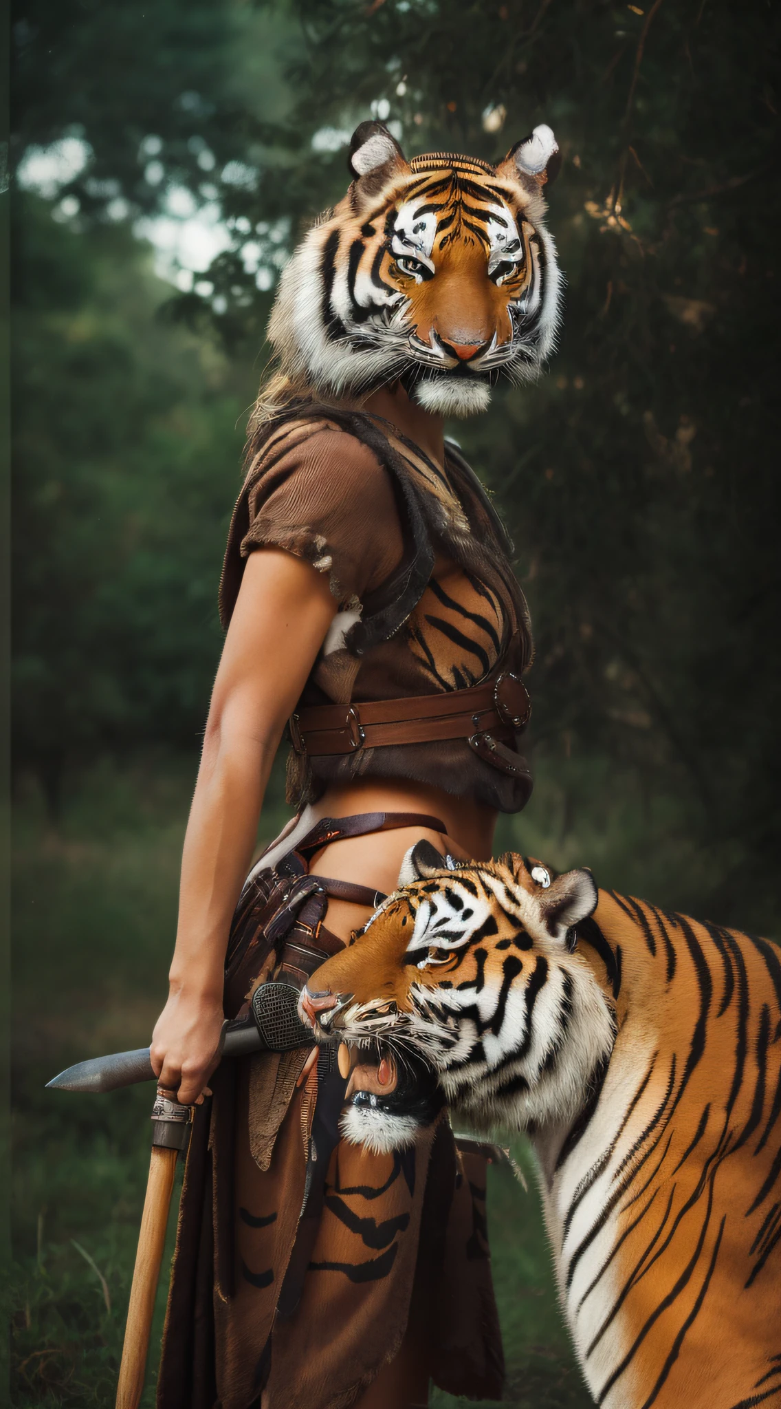 mulher, Hibrido, antromomórfica, antropomorfia, (emphasis on tiger-headed), fotorrealista, ultra-detalhado, detalhes intrincados, super detalhado, volumático, HDR, Realistic, Motor irreal, 16k, foco nítido, octan render, da mais alta qualidade, Foto RAW, cinematic composition,