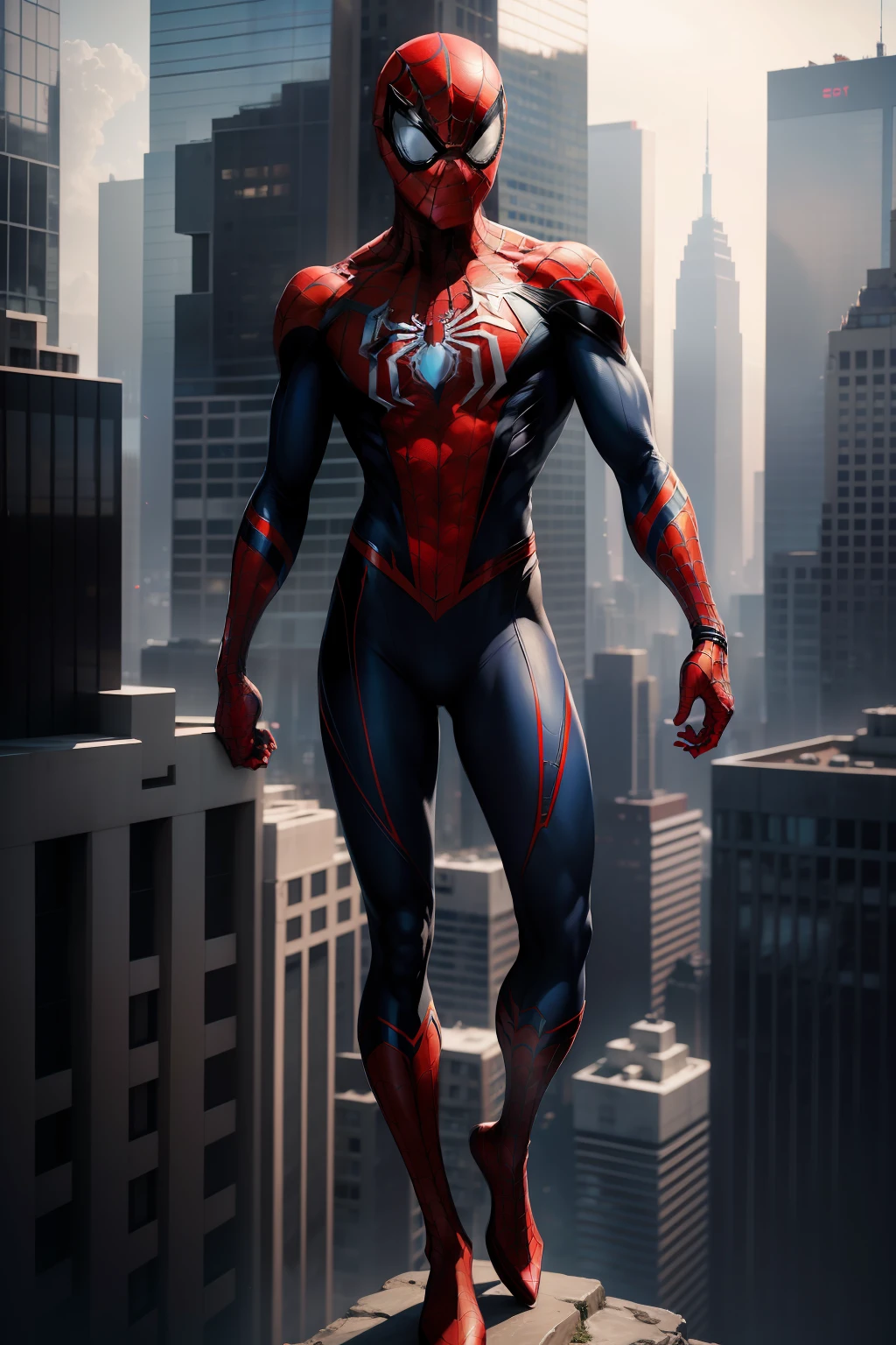 Beauty Spider-Man,Tight jumpsuits,Full body photo,Prominent figure,standing on the edge of a skyscraper,photore (tmasterpiece) (best qualtiy) (A detailed) (8k) (k hd) (the wallpaper) (cinmatic lighting) (Sharp focus) (iintricate)