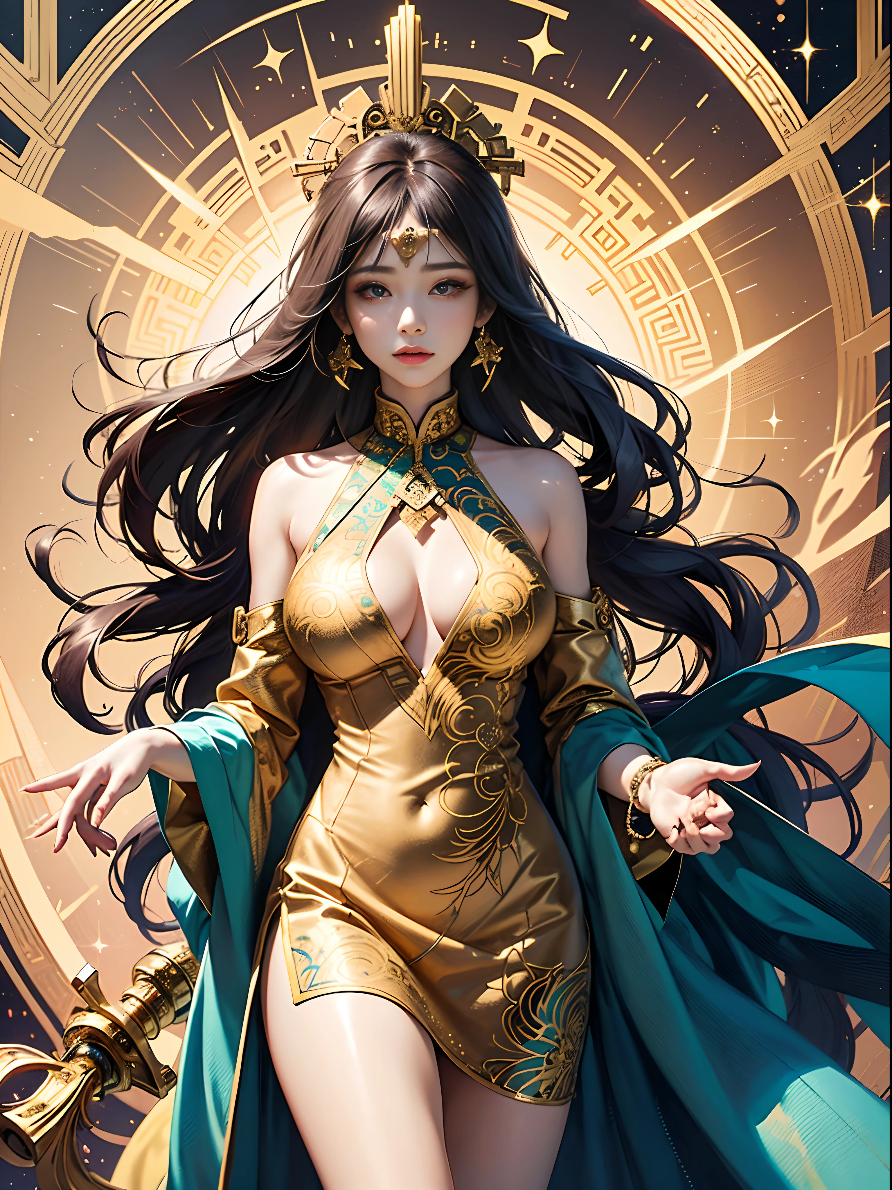 tmasterpiece，best qualtiy，（s fractal art：1.3），1girll，elegant，Bright colors perfect NwsjMajic，（tmasterpiece，top-quality，best qualtiy，offcial art，Beauty and aesthetics：1.2），（1girll），extremedetailed，rich colourful，highest details，offcial art，Unity 8k壁纸，ultra - detailed，Beauty and aesthetics，big breasts beautiful，tmasterpiece，best qualtiy，（zentangle，mandalas，Tangles，entangled）holy rays，gold foil，Gold leaf art，glitter drawing，on cheongsam，Republican style，Whole body diagram