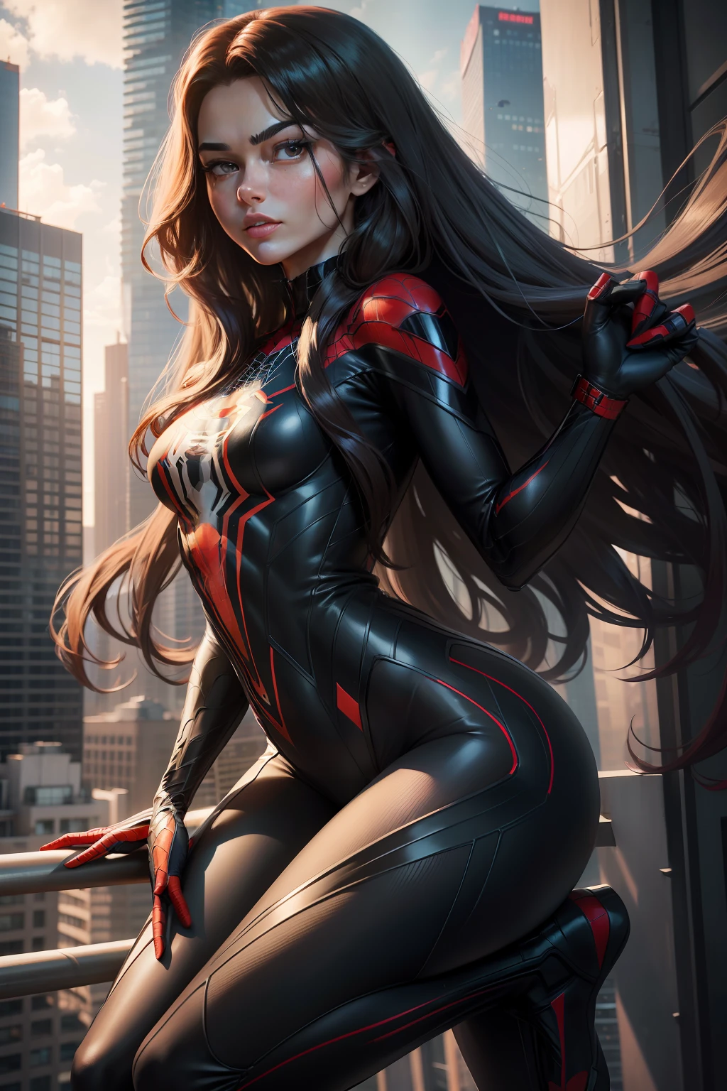 Longhaired Beauty,Female Spider-Man,Tight jumpsuits,Full body photo,Prominent figure,standing on the edge of a skyscraper,photore (tmasterpiece) (best qualtiy) (A detailed) (8K) (k hd) (the wallpaper) (cinmatic lighting) (Sharp focus) (iintricate)