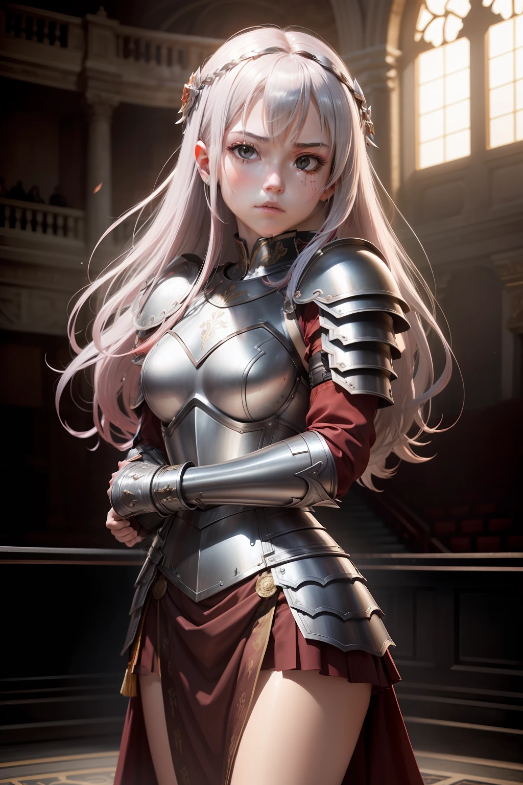 masutepiece、超A high resolution、Girl in Roman Empire Armor、Metallic silver armor、red hairs、Increased exposure、Tired and distressed face、3CG Animation、Sword in both hands、standing in an arena、