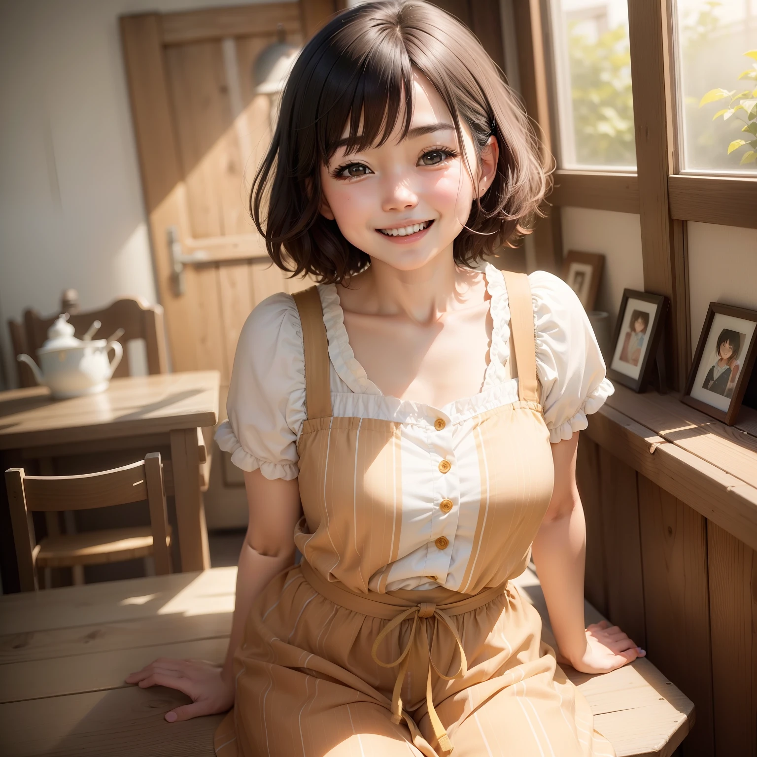 A woman similar to Aoi Miyazaki、Adults、It depicts a cute and mature single woman with a smiling big mouth。I'm smiling happily。soft and short hair、Smile as bright as the sun、1a person、Rustic costume、Bright atmosphere、