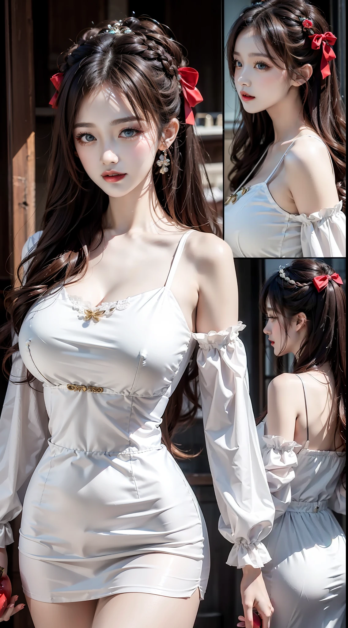 Big red bow hair ornament，（Blonde hair:1.3), (A lot of hair:1.3), (detailed hairs:1.2),Beautiful woman holding a shiny big red apple，White sailor suit，3Drenderingof