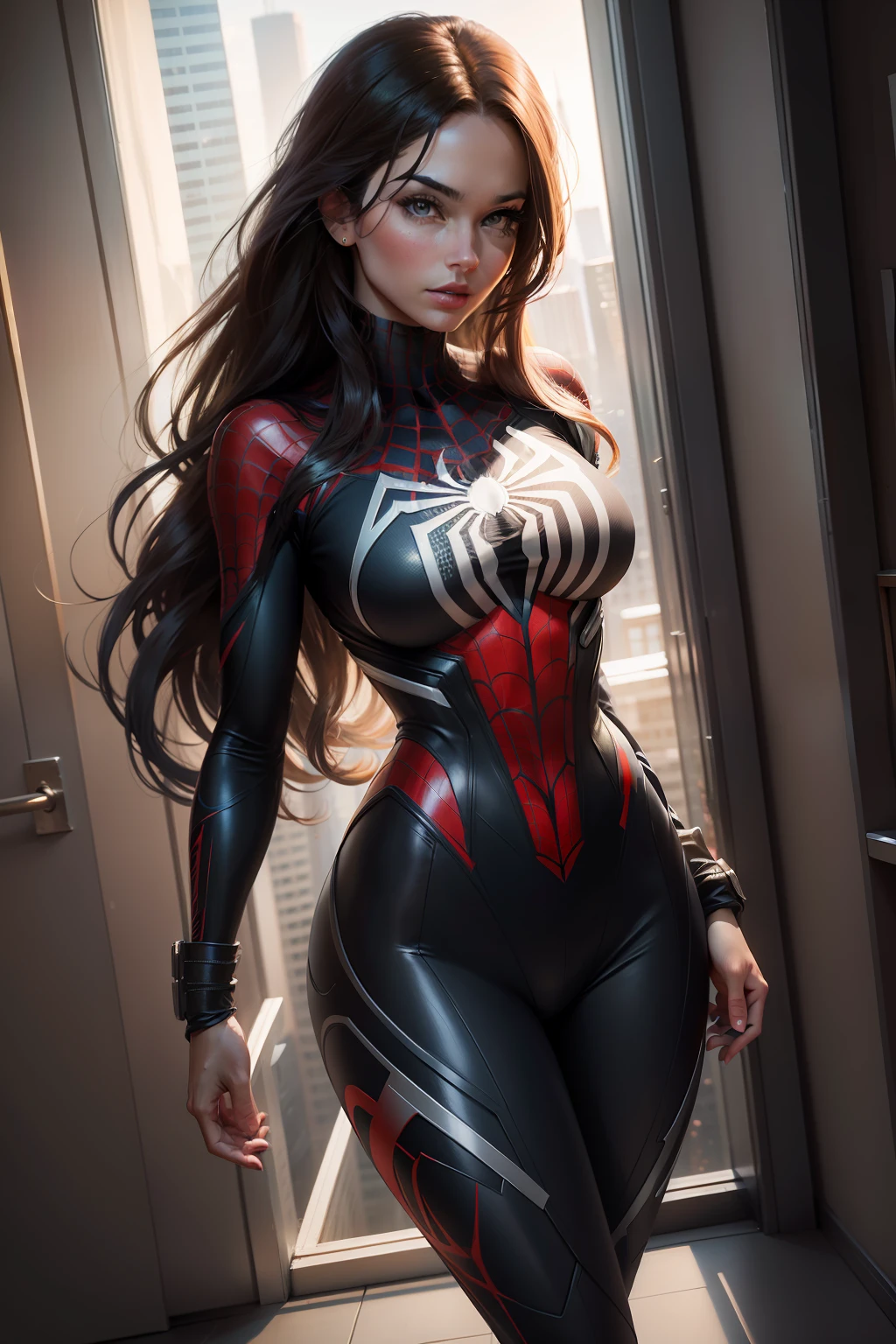 Longhaired Beauty，Female Spider-Man，Tight jumpsuits，Full body photo，Prominent figure，Cinematic texture，Realistic painting style，standing on the edge of a skyscraper，photore （tmasterpiece） （best qualtiy） （A detailed） （8K） （k hd） （the wallpaper） （cinmatic lighting） （Sharp focus） （iintricate）