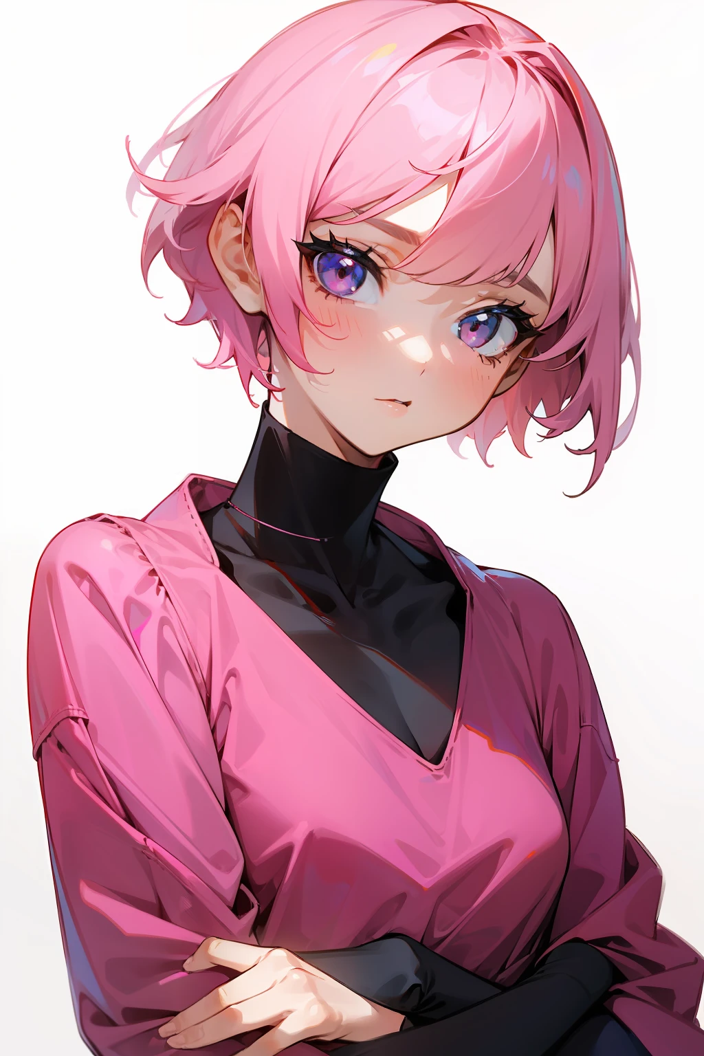 The Girl with the Pinks, short hair, On White Background