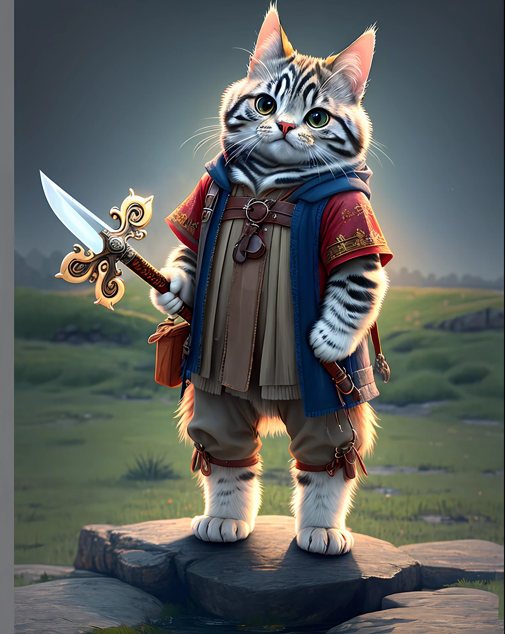 Top image quality、"Create a masterpiece of cute creatures. （American Shorthair）, high detailing, in 8K、Top image quality、Dressed as an adventurer、Holding a sword and shield in your hand、