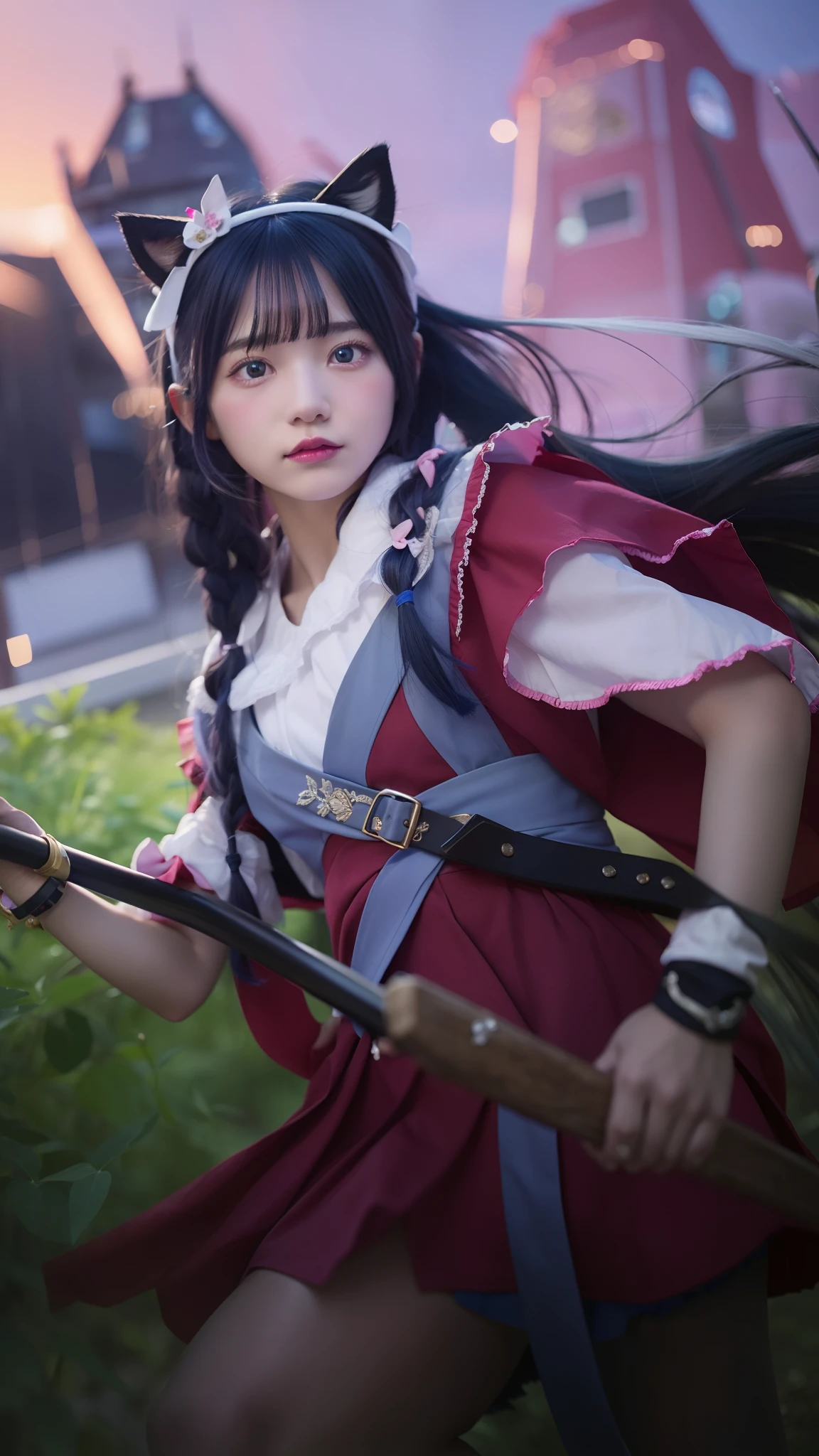 1 girl, dark slate blue hair, long hair, cat headband, archery, white and pink dress, realistic, ultra details, best quality, 8k,